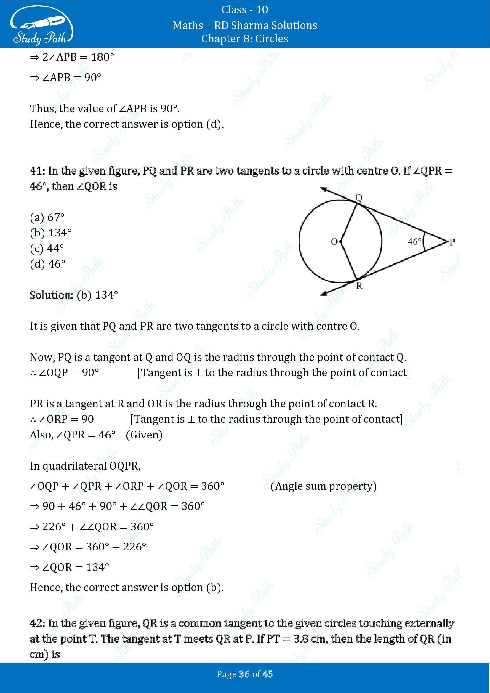 RD Sharma Solutions Class 10 Chapter 8 Circles Multiple Choice Questions MCQs 00036