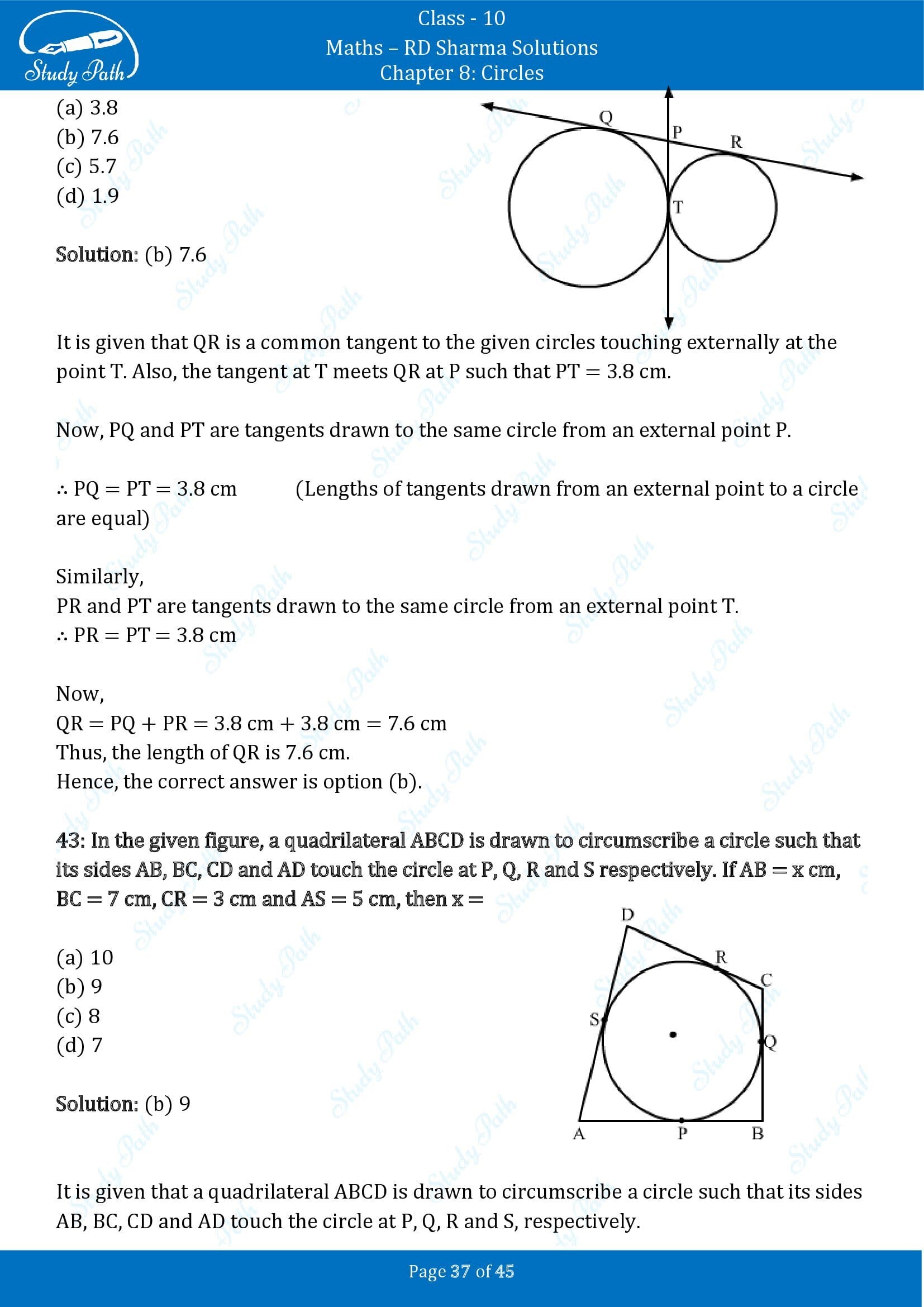 RD Sharma Solutions Class 10 Chapter 8 Circles Multiple Choice Questions MCQs 00037