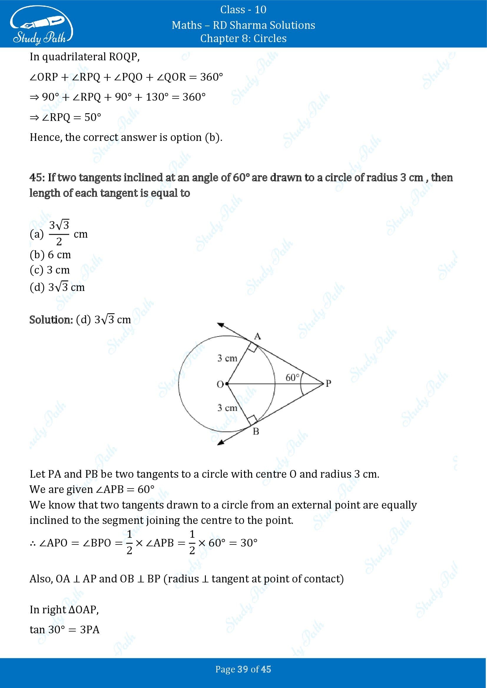 RD Sharma Solutions Class 10 Chapter 8 Circles Multiple Choice Questions MCQs 00039