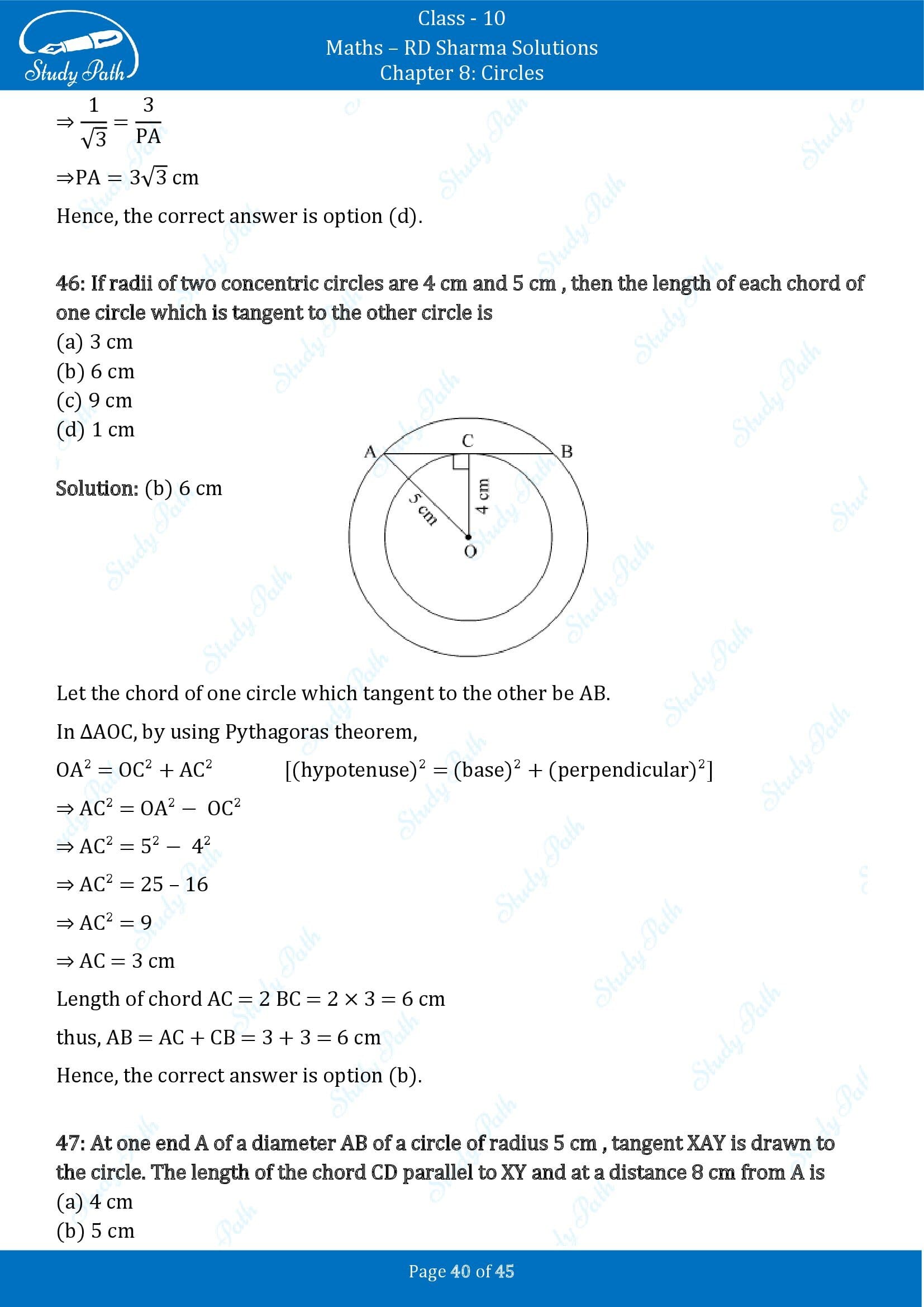 RD Sharma Solutions Class 10 Chapter 8 Circles Multiple Choice Questions MCQs 00040