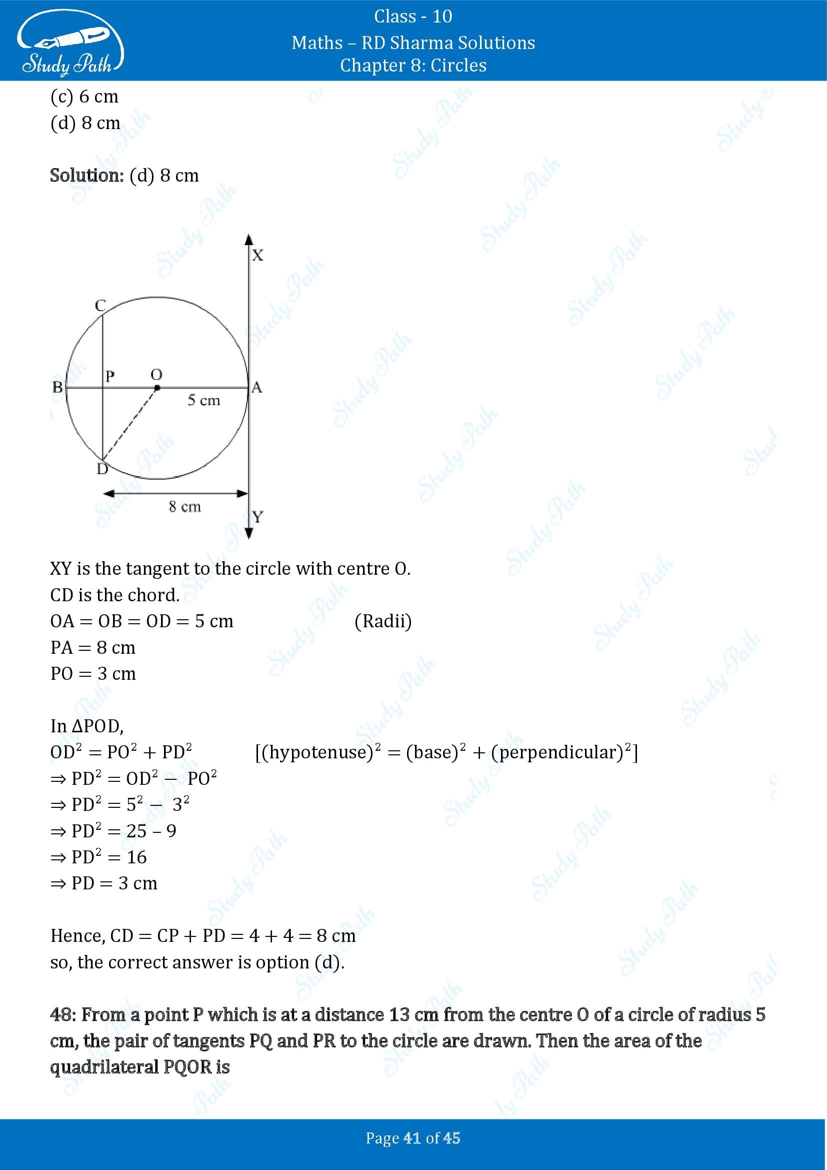 RD Sharma Solutions Class 10 Chapter 8 Circles Multiple Choice Questions MCQs 00041
