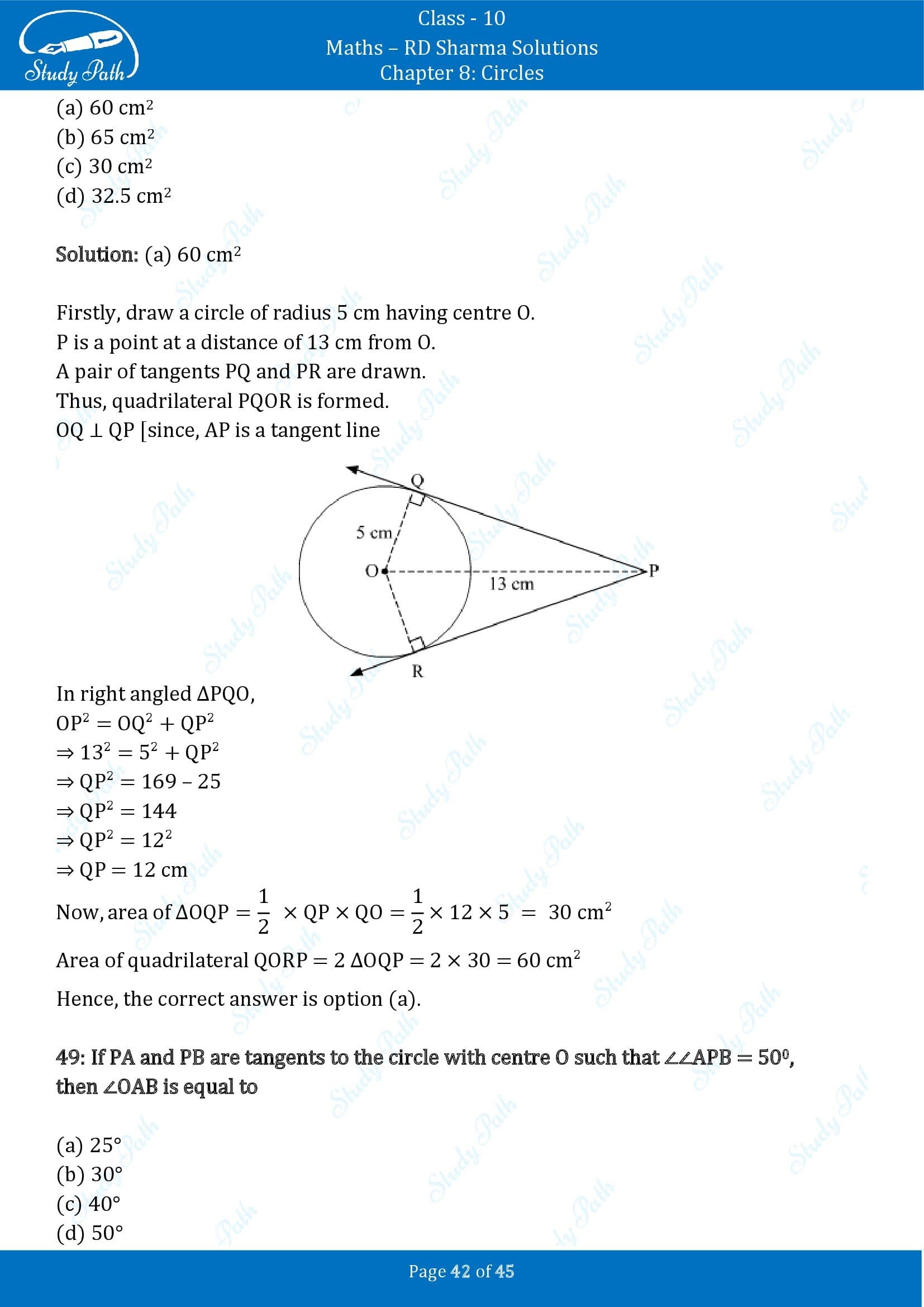 RD Sharma Solutions Class 10 Chapter 8 Circles Multiple Choice Questions MCQs 00042