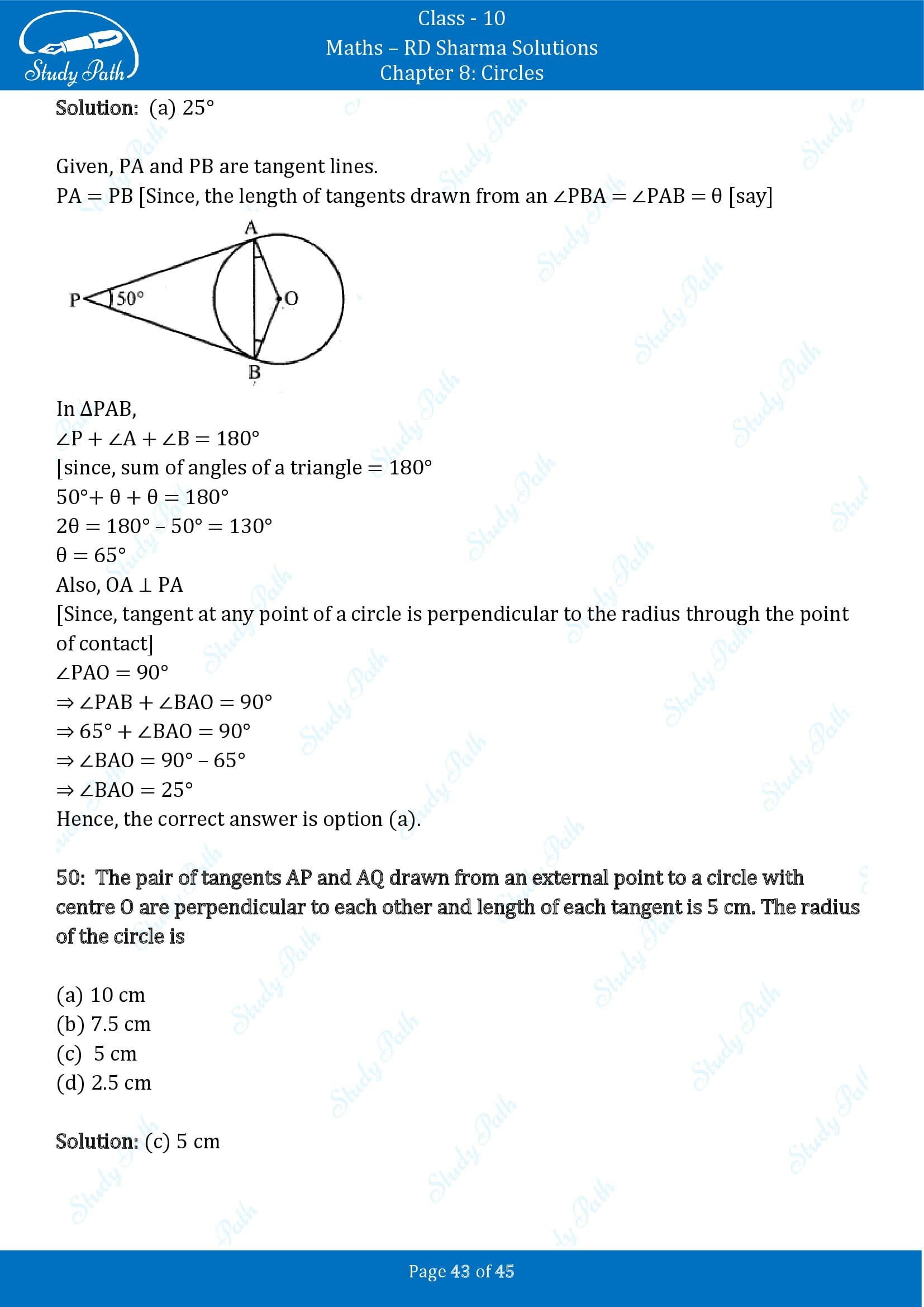 RD Sharma Solutions Class 10 Chapter 8 Circles Multiple Choice Questions MCQs 00043