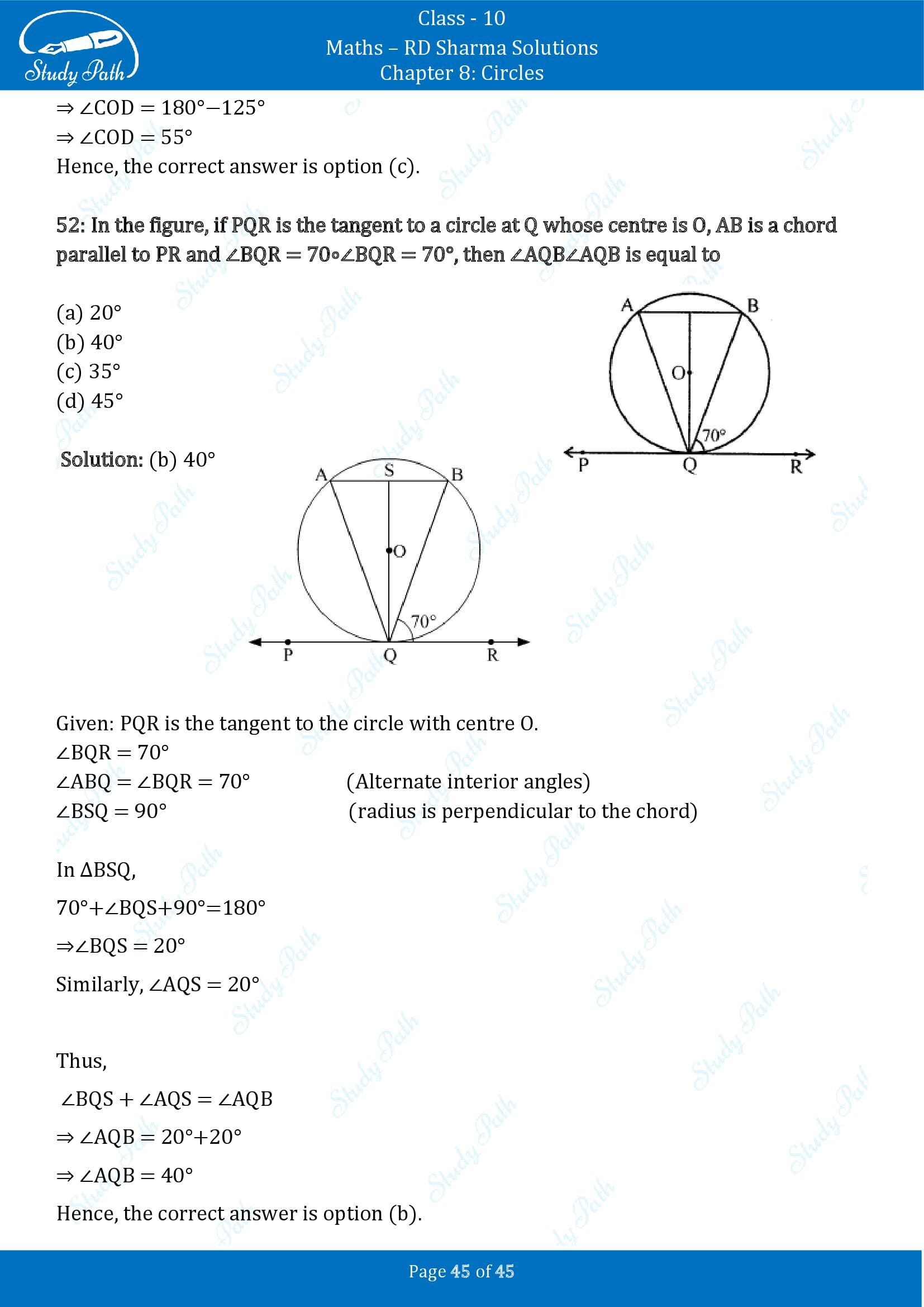 RD Sharma Solutions Class 10 Chapter 8 Circles Multiple Choice Questions MCQs 00045