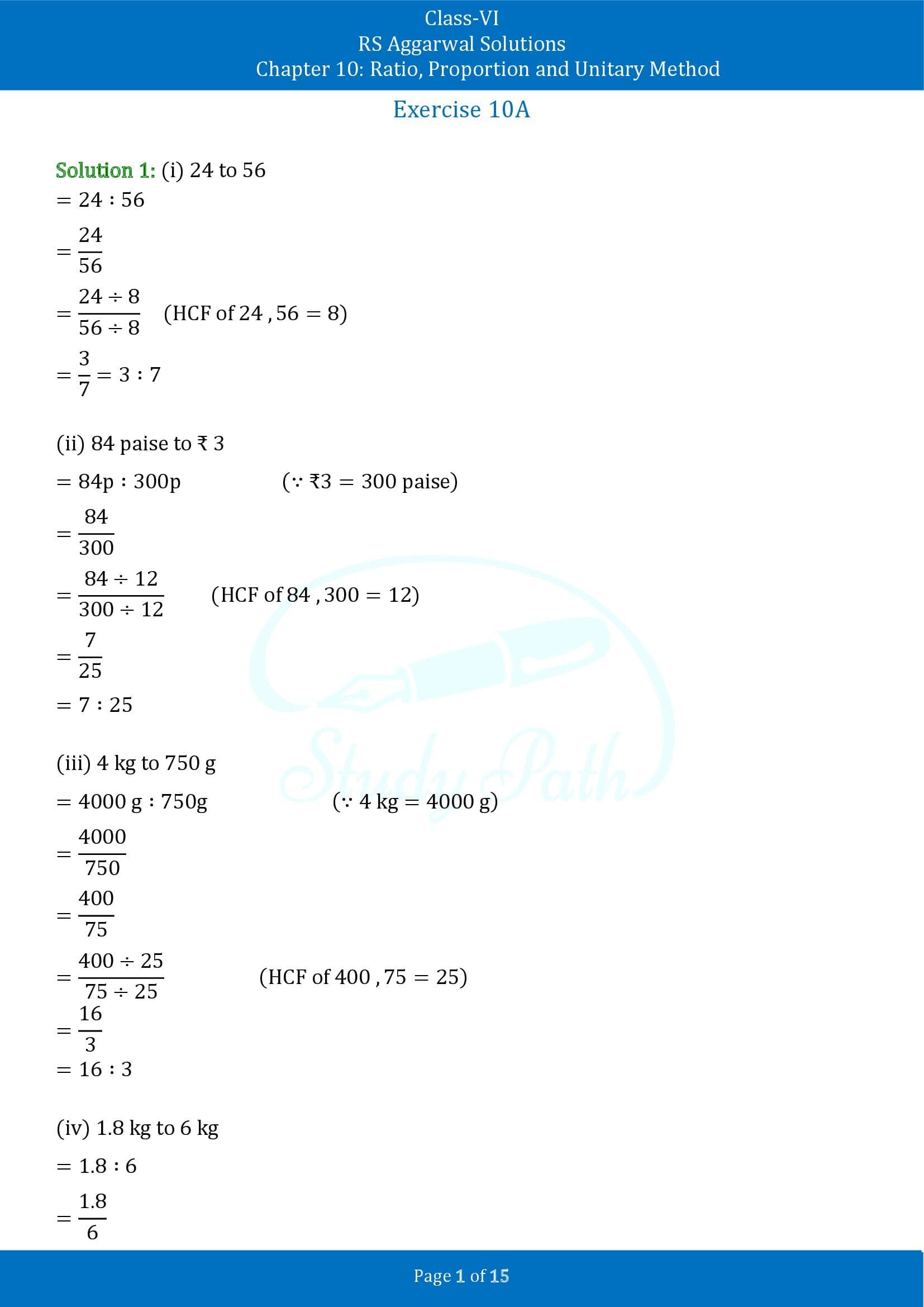 RS Aggarwal Solutions Class 6 Chapter 10 Ratio Proportion and Unitary Method Exercise 10A 00001