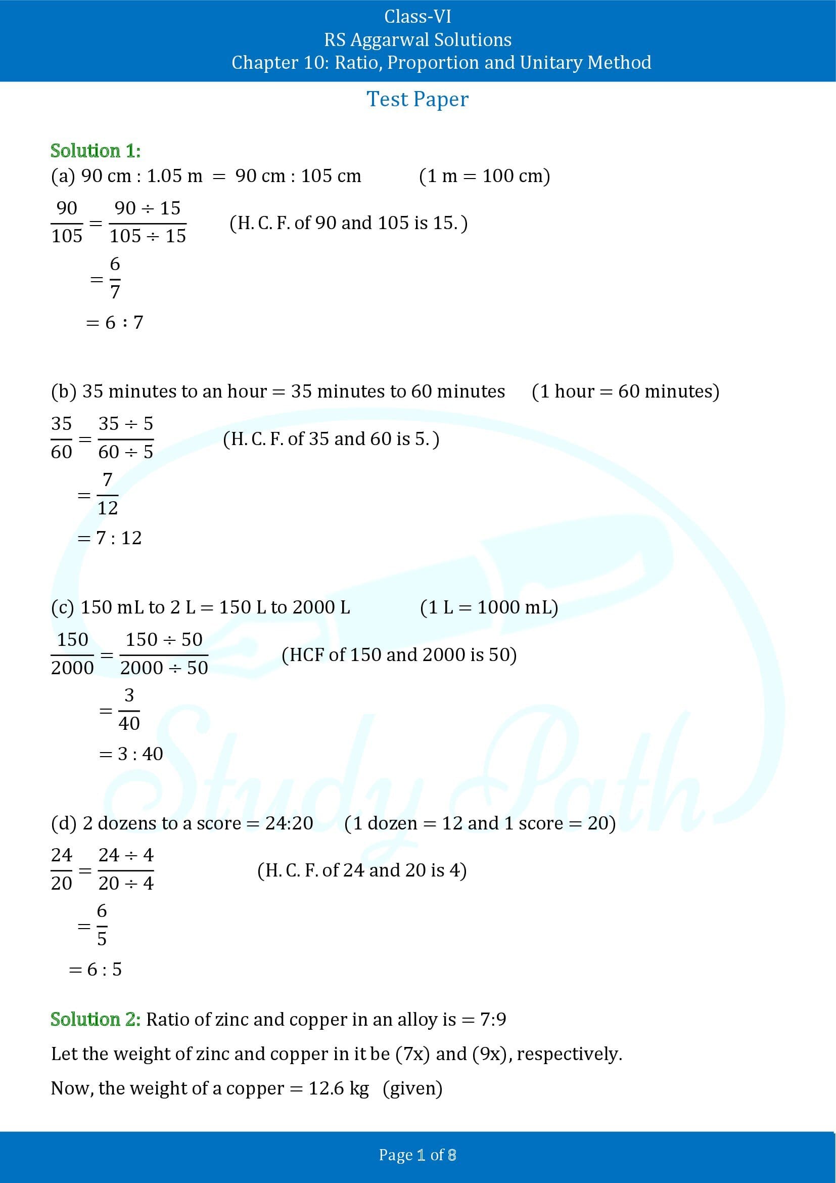 RS Aggarwal Solutions Class 6 Chapter 10 Ratio Proportion and Unitary Method Test Paper 00001