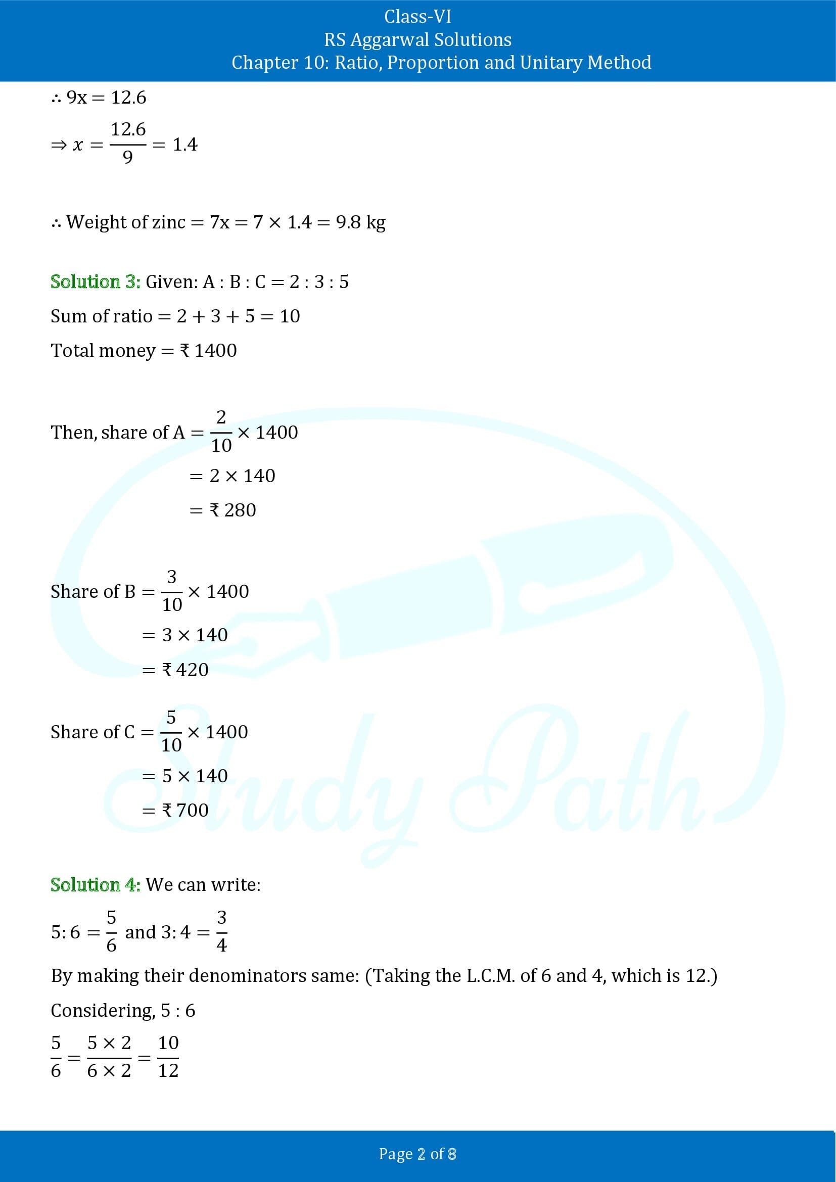 RS Aggarwal Solutions Class 6 Chapter 10 Ratio Proportion and Unitary Method Test Paper 00002