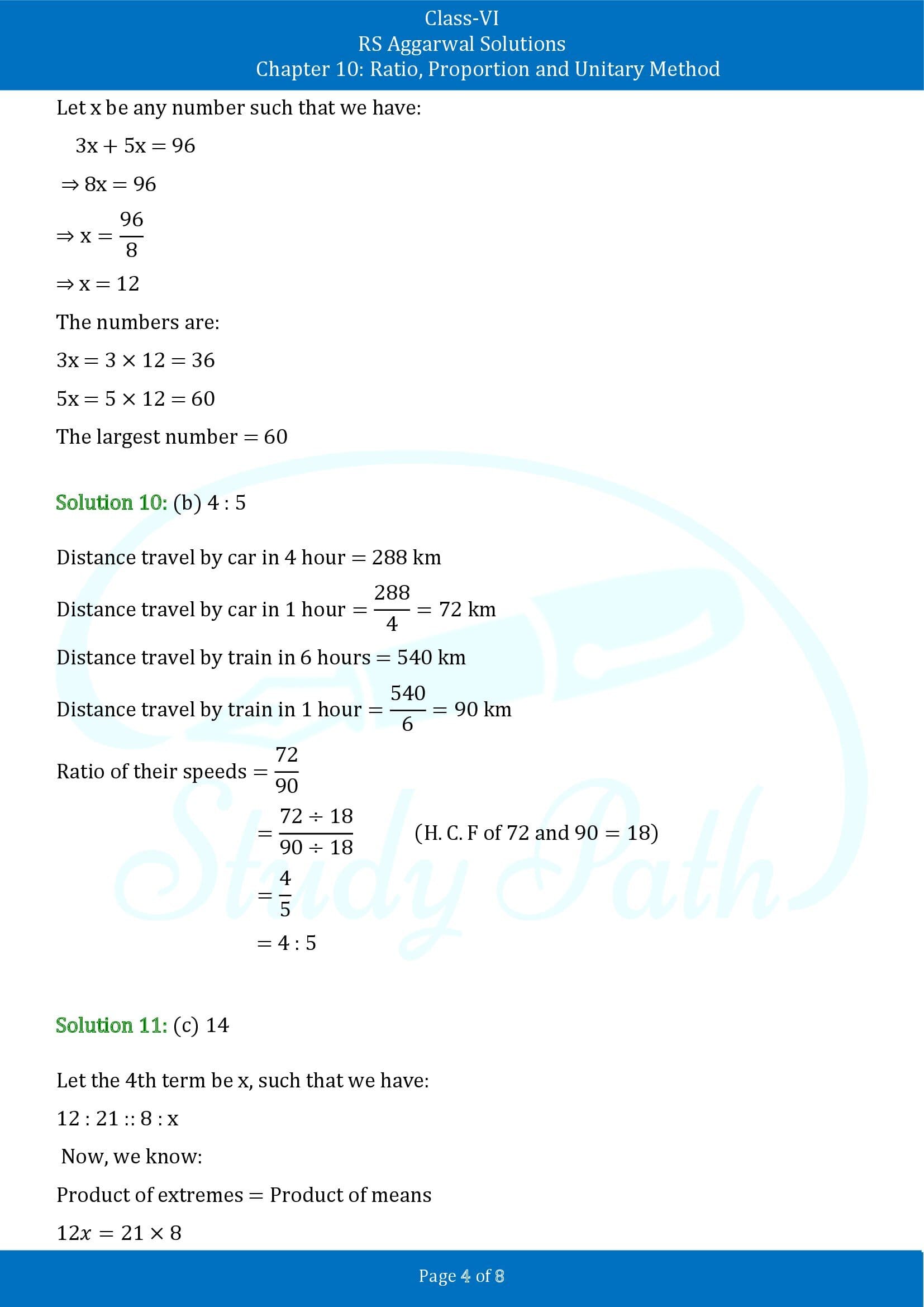 RS Aggarwal Solutions Class 6 Chapter 10 Ratio Proportion and Unitary Method Test Paper 00004