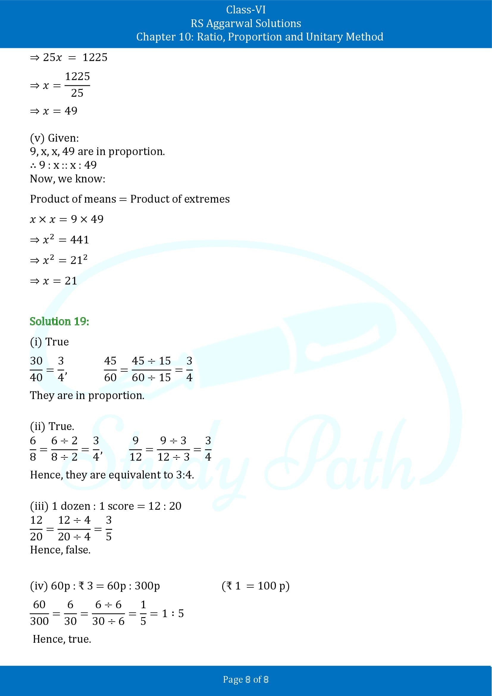 RS Aggarwal Solutions Class 6 Chapter 10 Ratio Proportion and Unitary Method Test Paper 00008