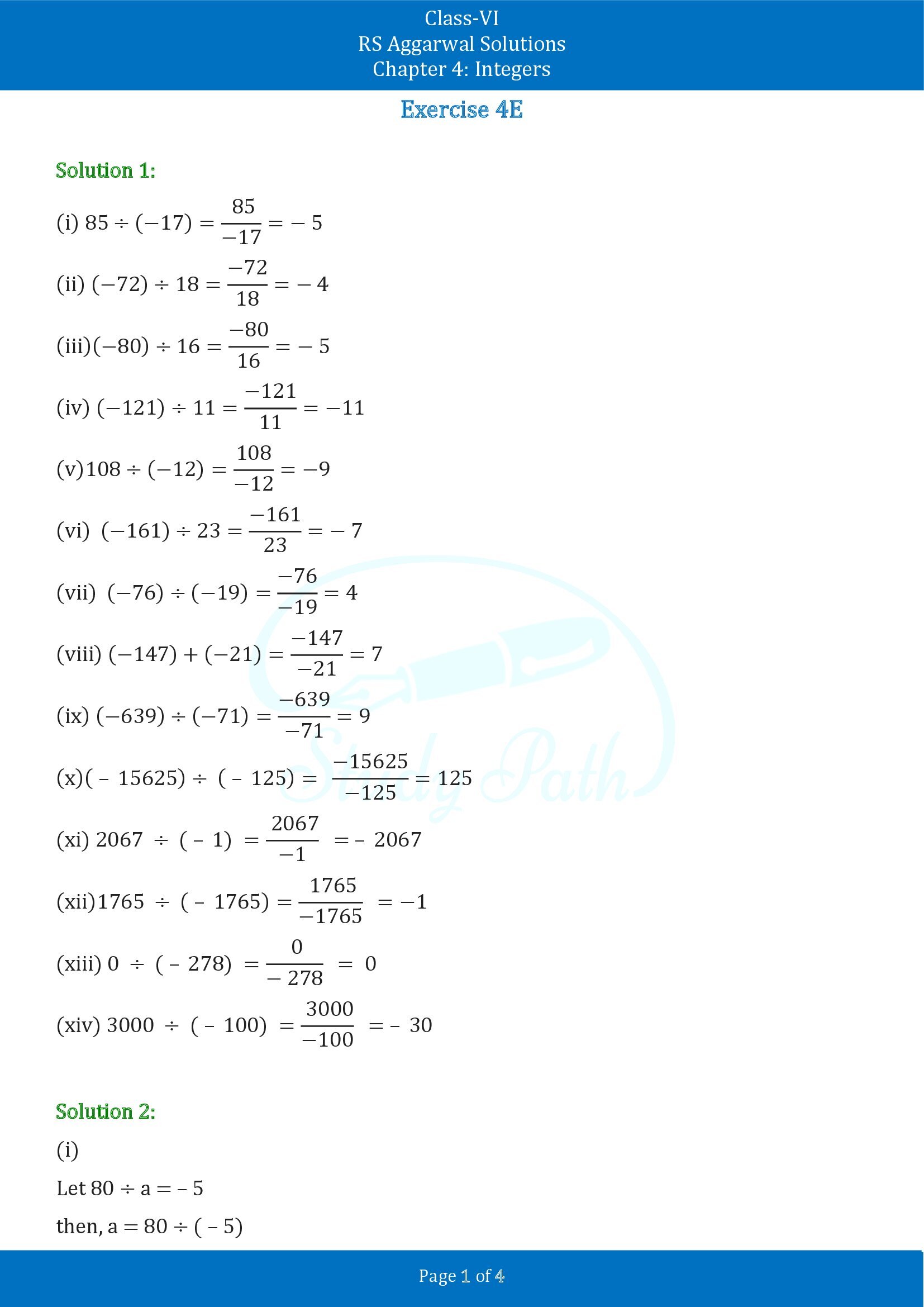 RS Aggarwal Solutions Class 6 Chapter 4 Integers Exercise 4E 00001