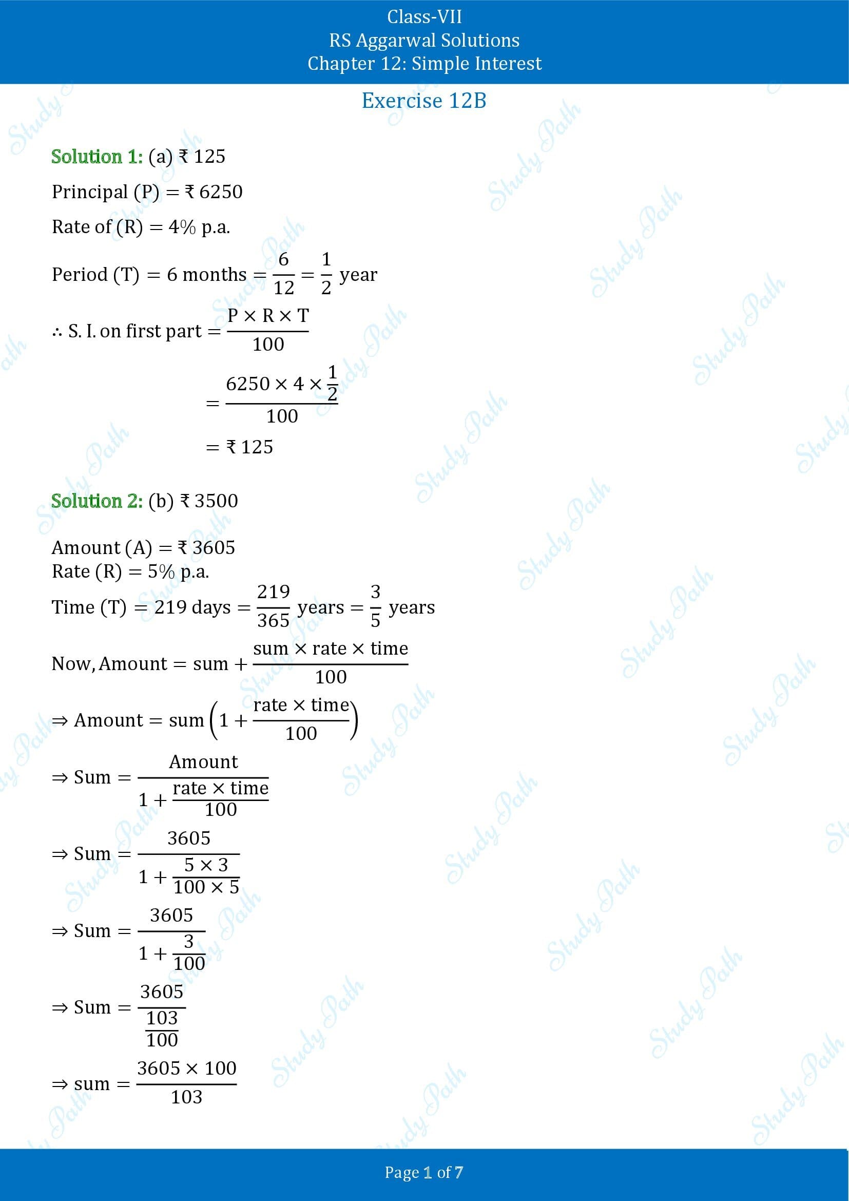 RS Aggarwal Solutions Class 7 Chapter 12 Simple Interest Exercise 12B MCQ 00001