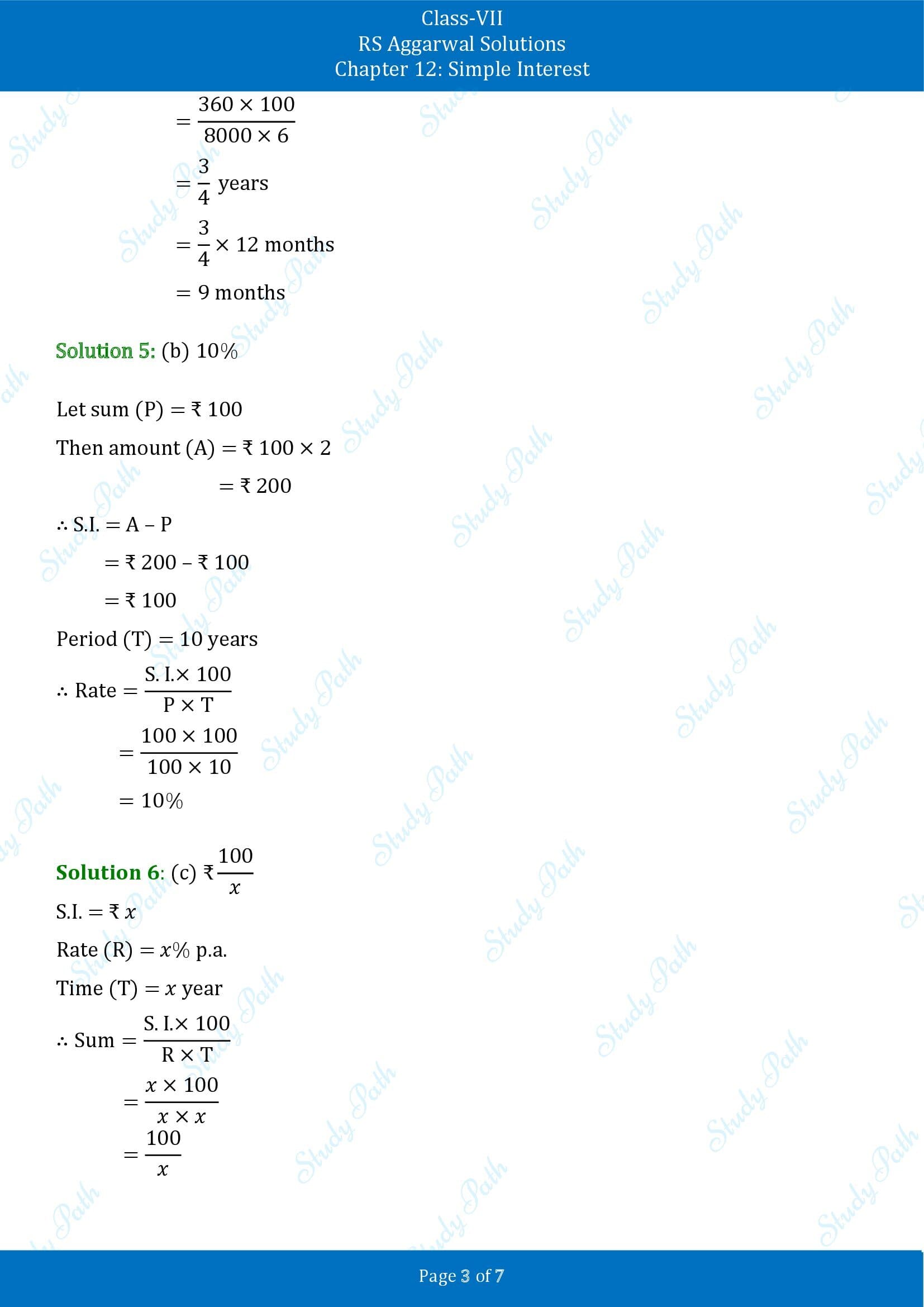 RS Aggarwal Solutions Class 7 Chapter 12 Simple Interest Exercise 12B MCQ 00003