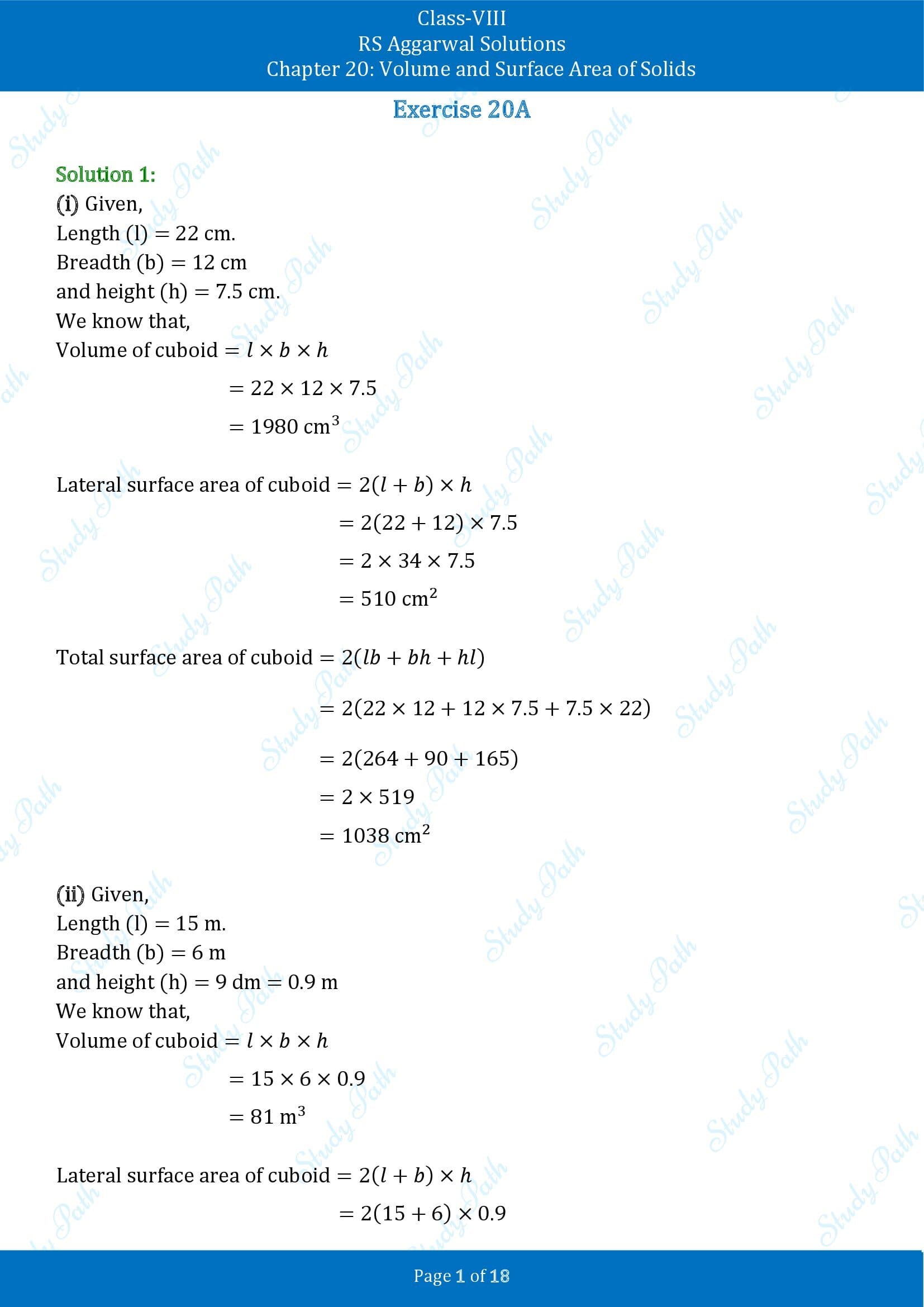 RS Aggarwal Solutions Class 8 Chapter 20 Volume and Surface Area of Solids Exercise 20A 00001