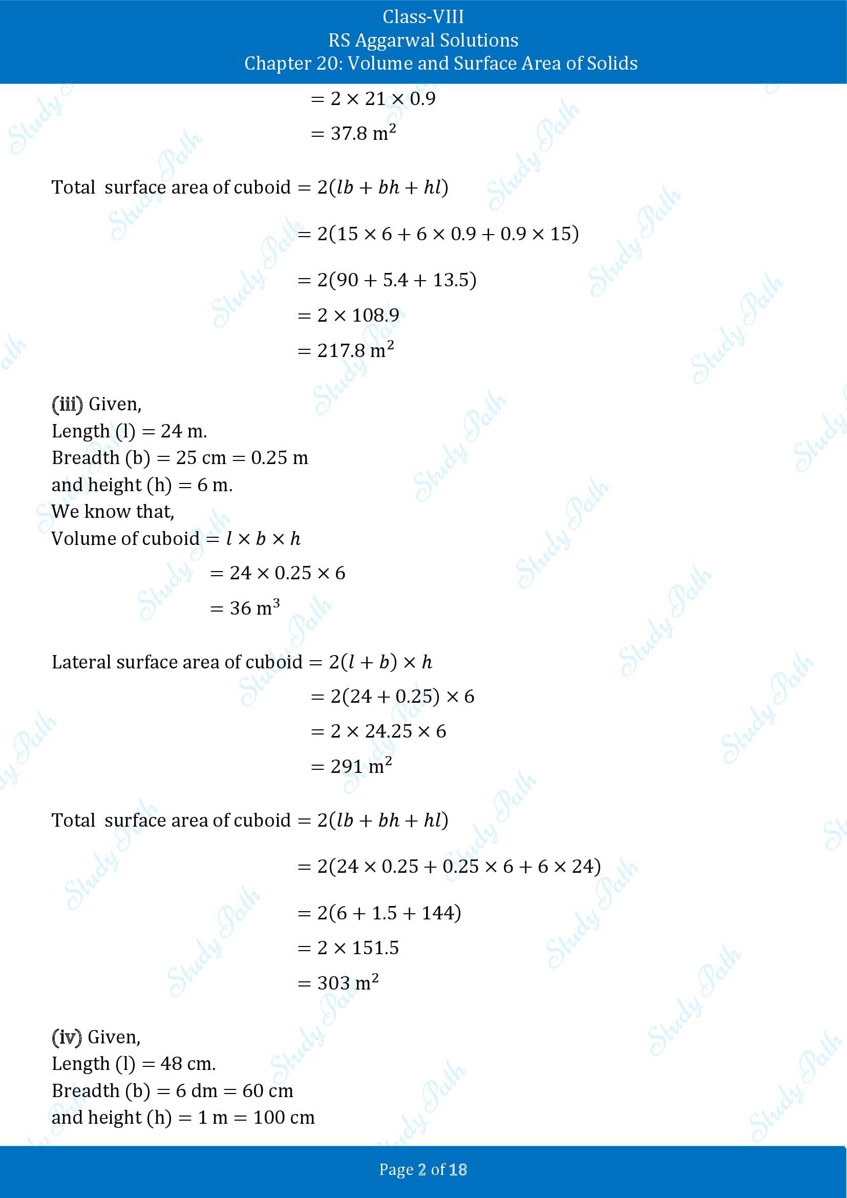 RS Aggarwal Solutions Class 8 Chapter 20 Volume and Surface Area of Solids Exercise 20A 00002