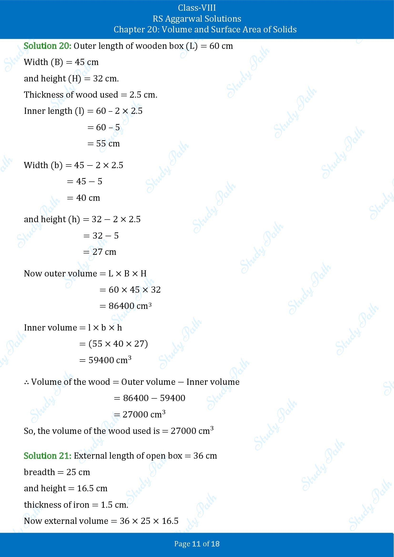RS Aggarwal Solutions Class 8 Chapter 20 Volume and Surface Area of Solids Exercise 20A 00011