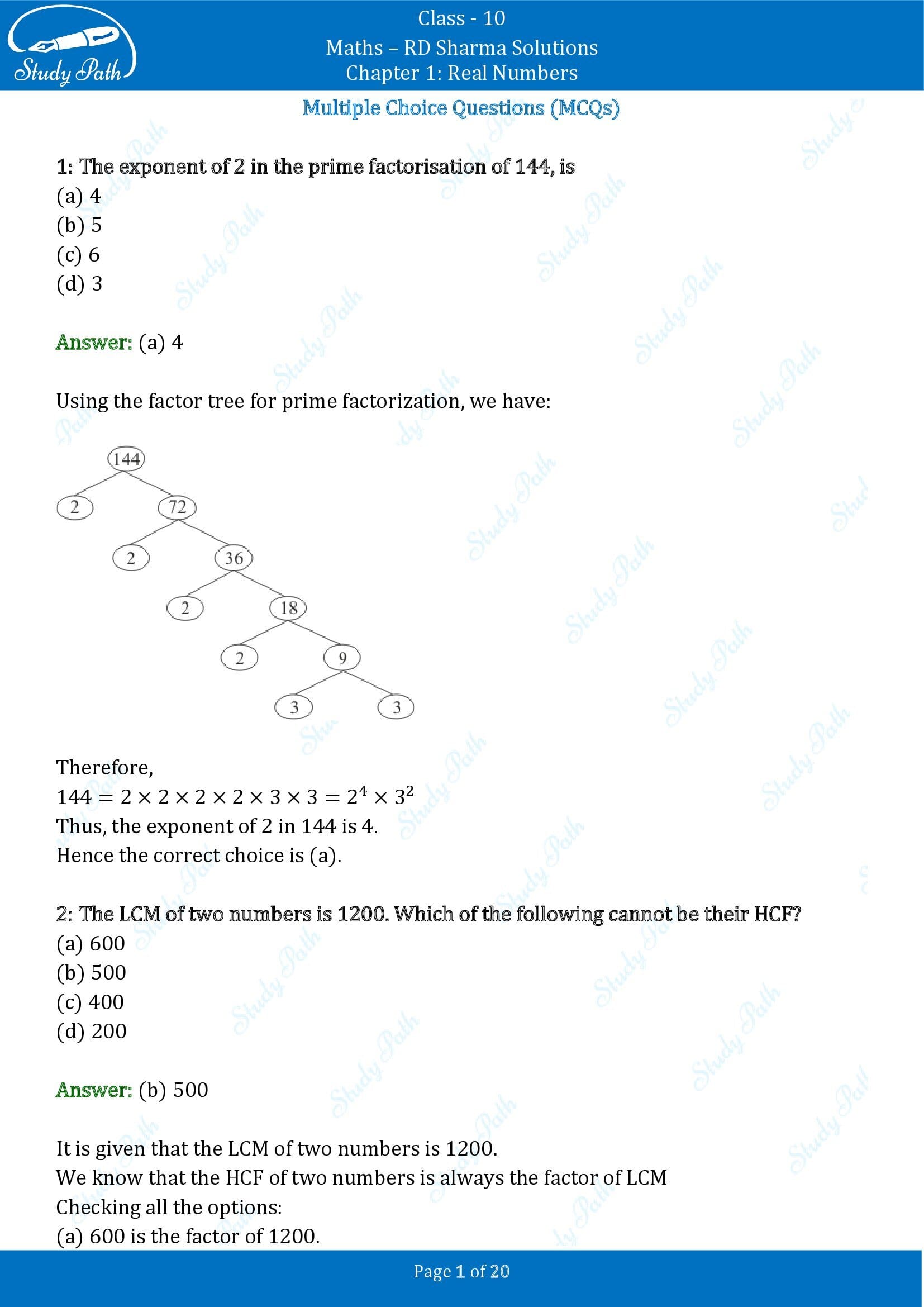 RD Sharma Solutions Class 10 Chapter 1 Real Numbers Multiple Choice Questions MCQs 00001