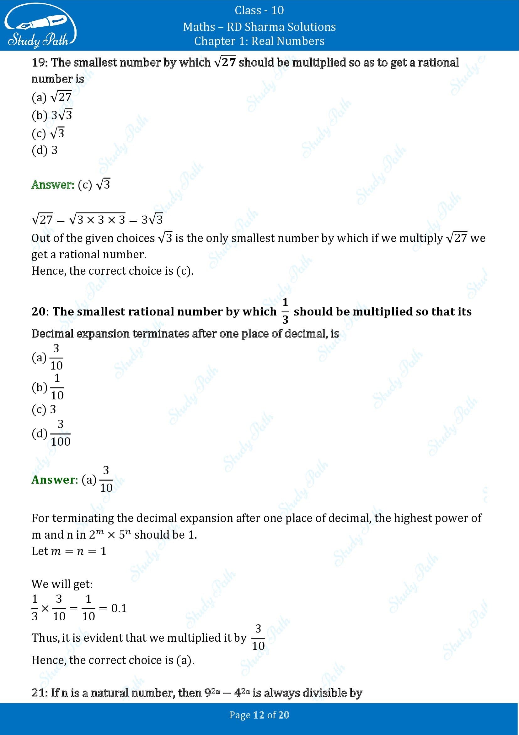 RD Sharma Solutions Class 10 Chapter 1 Real Numbers Multiple Choice Questions MCQs 00012