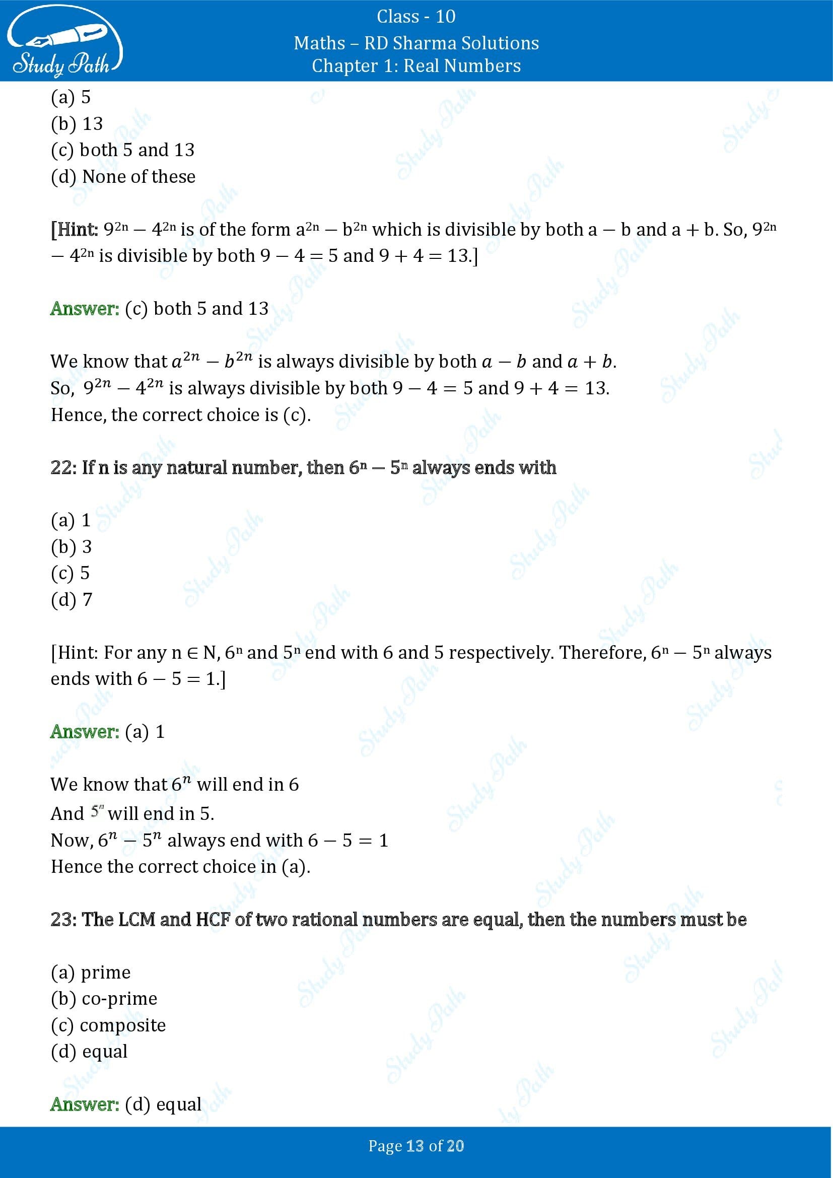 RD Sharma Solutions Class 10 Chapter 1 Real Numbers Multiple Choice Questions MCQs 00013