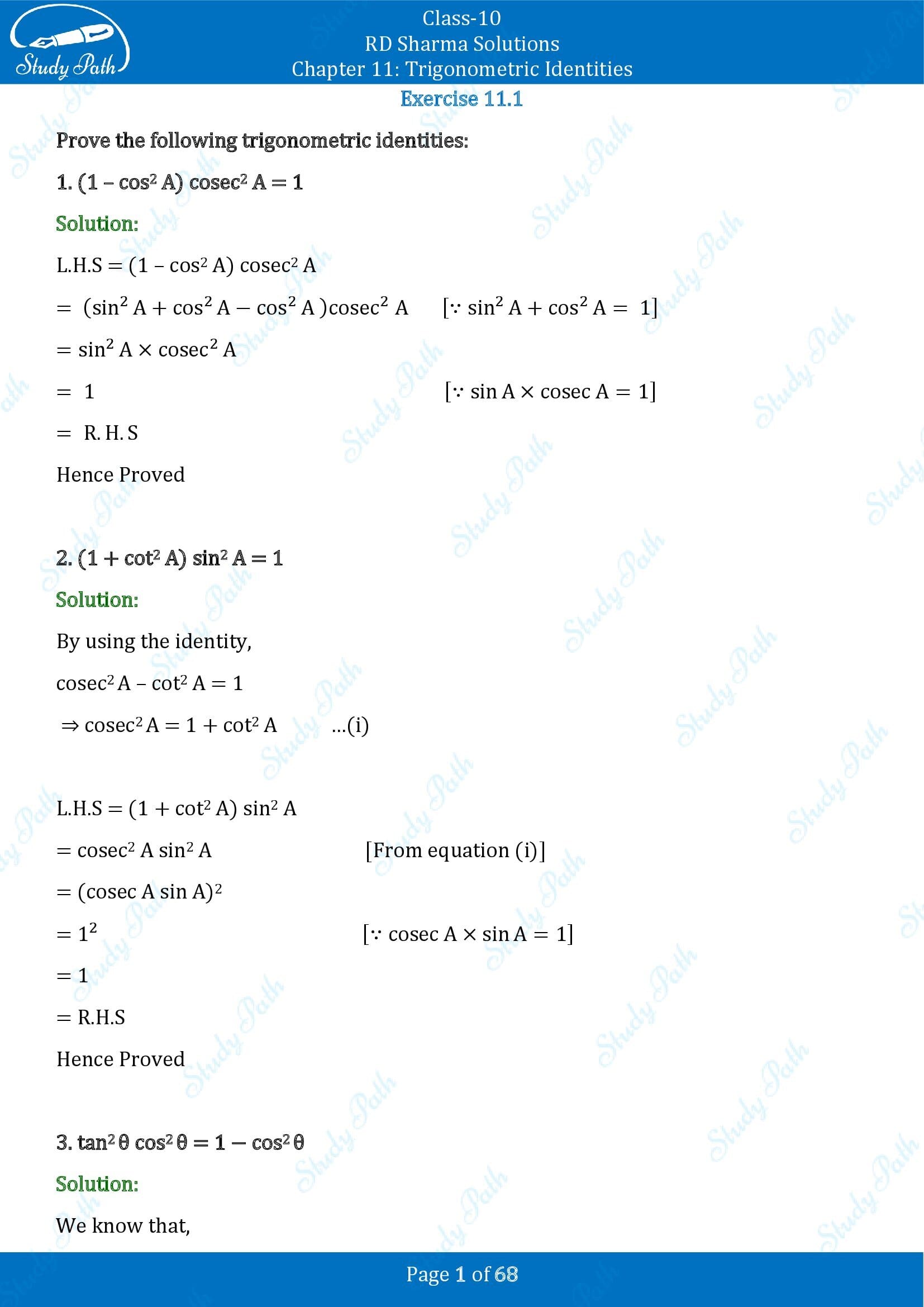 RD Sharma Solutions Class 10 Chapter 11 Trigonometric Identities Exercise 11.1 00001