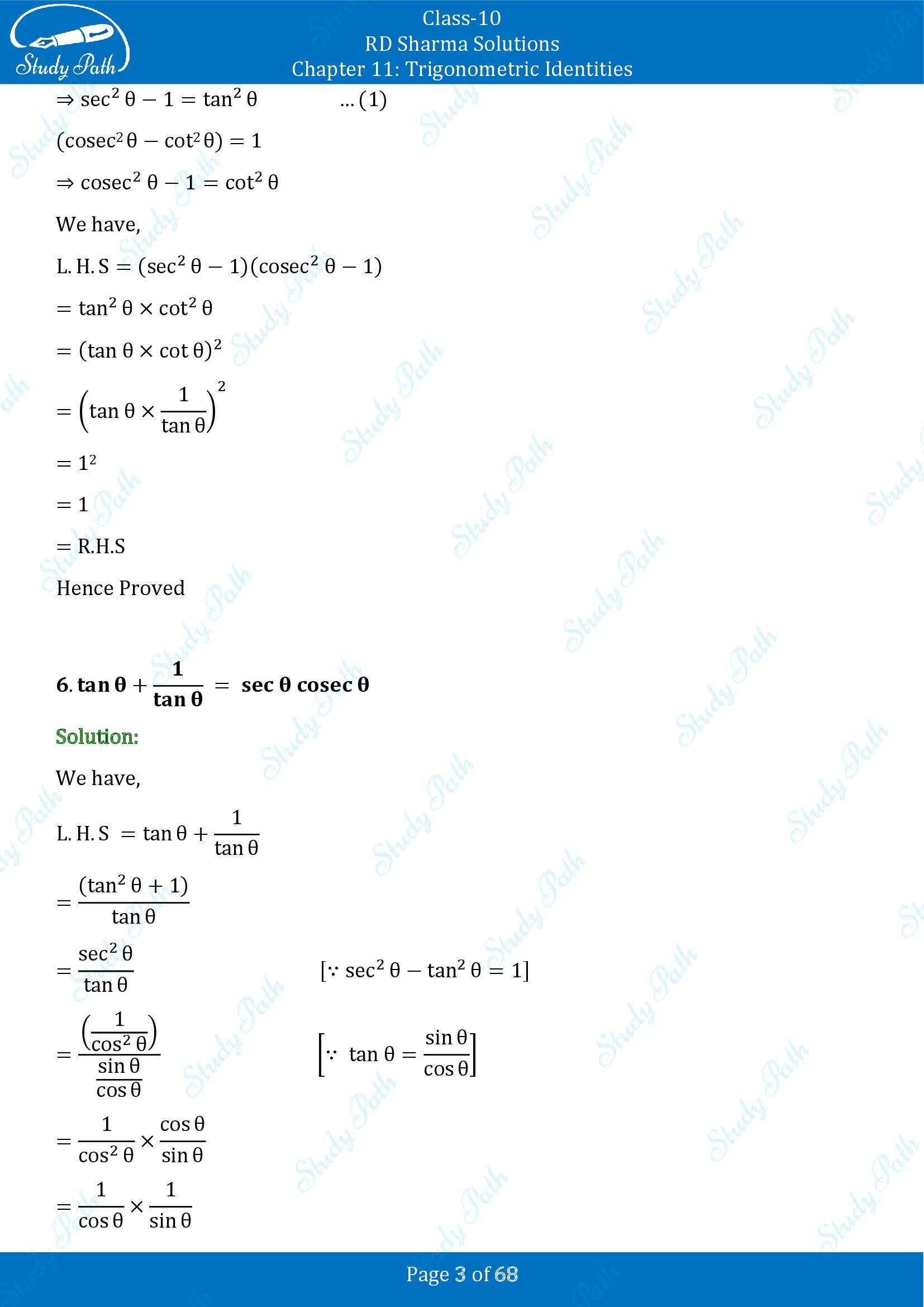 RD Sharma Solutions Class 10 Chapter 11 Trigonometric Identities Exercise 11.1 00003
