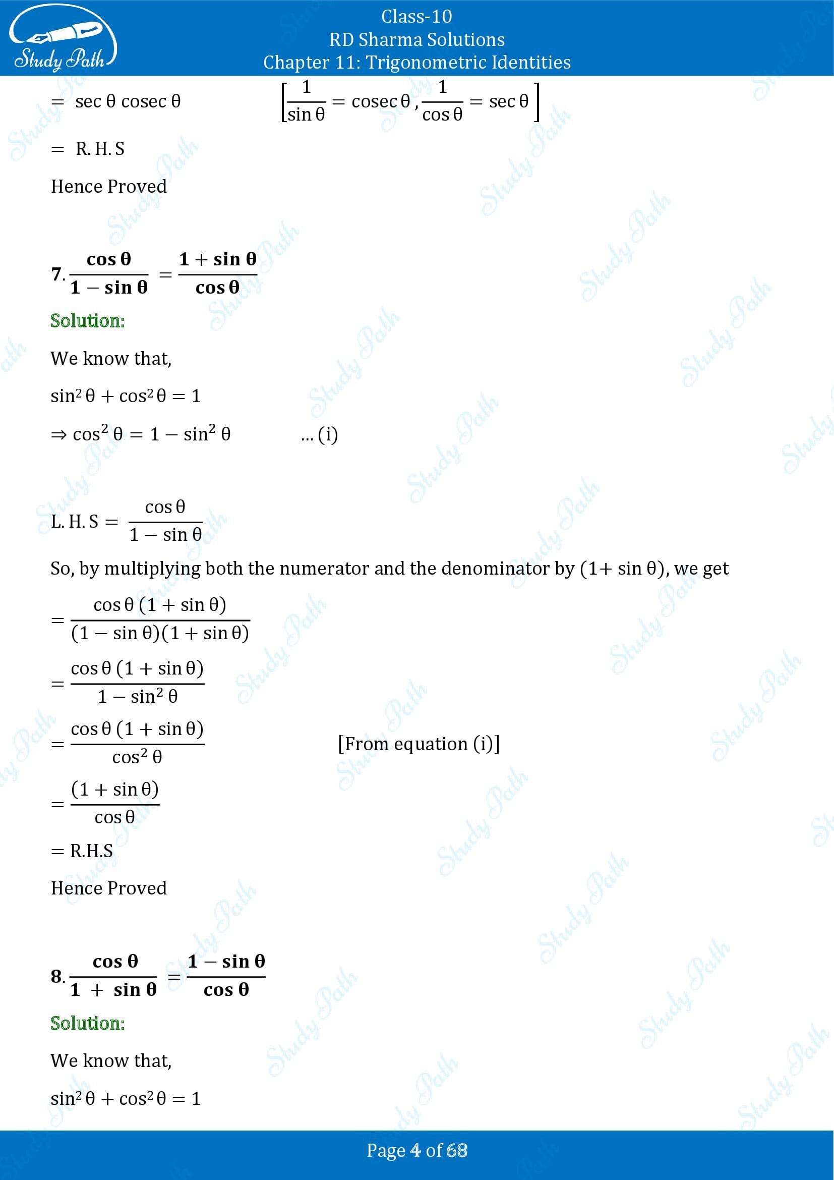 RD Sharma Solutions Class 10 Chapter 11 Trigonometric Identities Exercise 11.1 00004