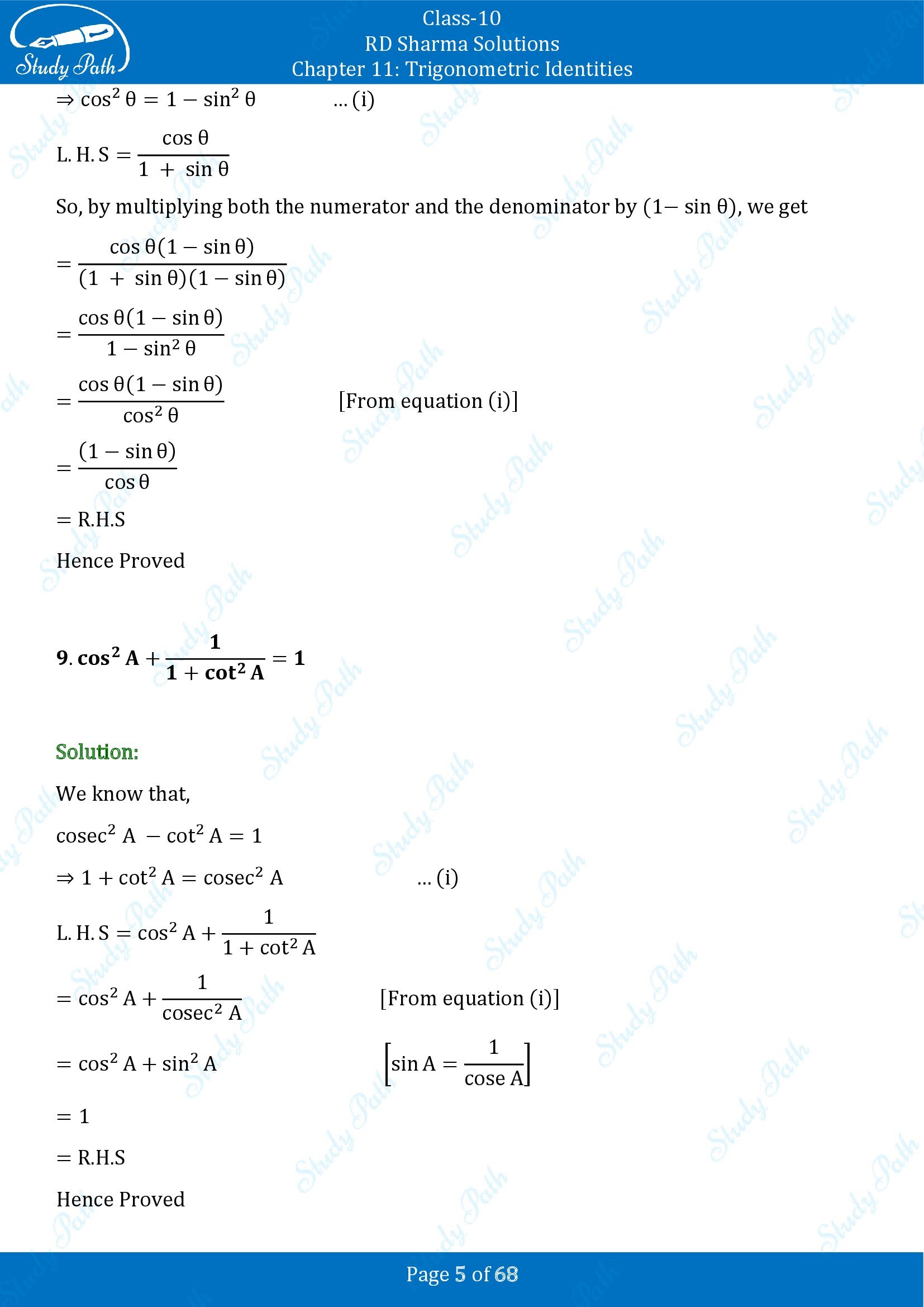 RD Sharma Solutions Class 10 Chapter 11 Trigonometric Identities Exercise 11.1 00005