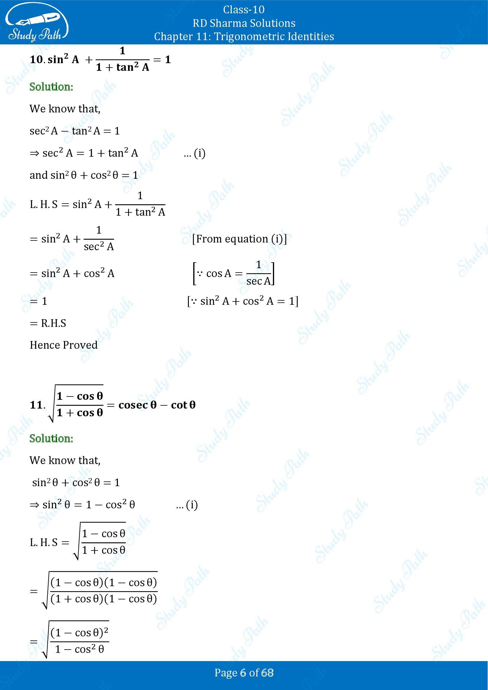 RD Sharma Solutions Class 10 Chapter 11 Trigonometric Identities Exercise 11.1 00006