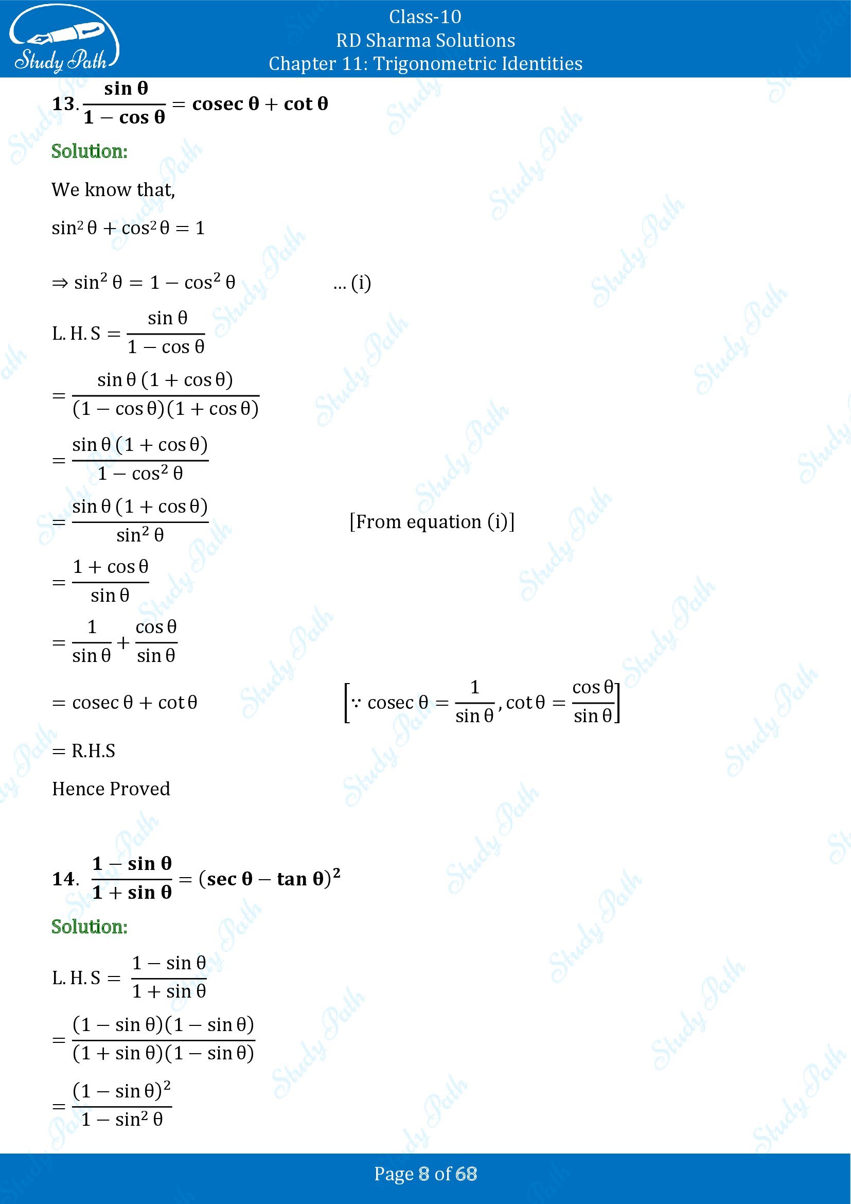 RD Sharma Solutions Class 10 Chapter 11 Trigonometric Identities Exercise 11.1 00008