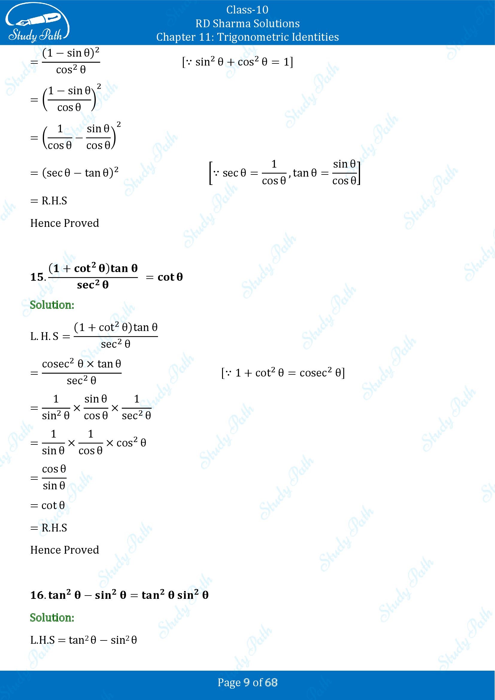 RD Sharma Solutions Class 10 Chapter 11 Trigonometric Identities Exercise 11.1 00009