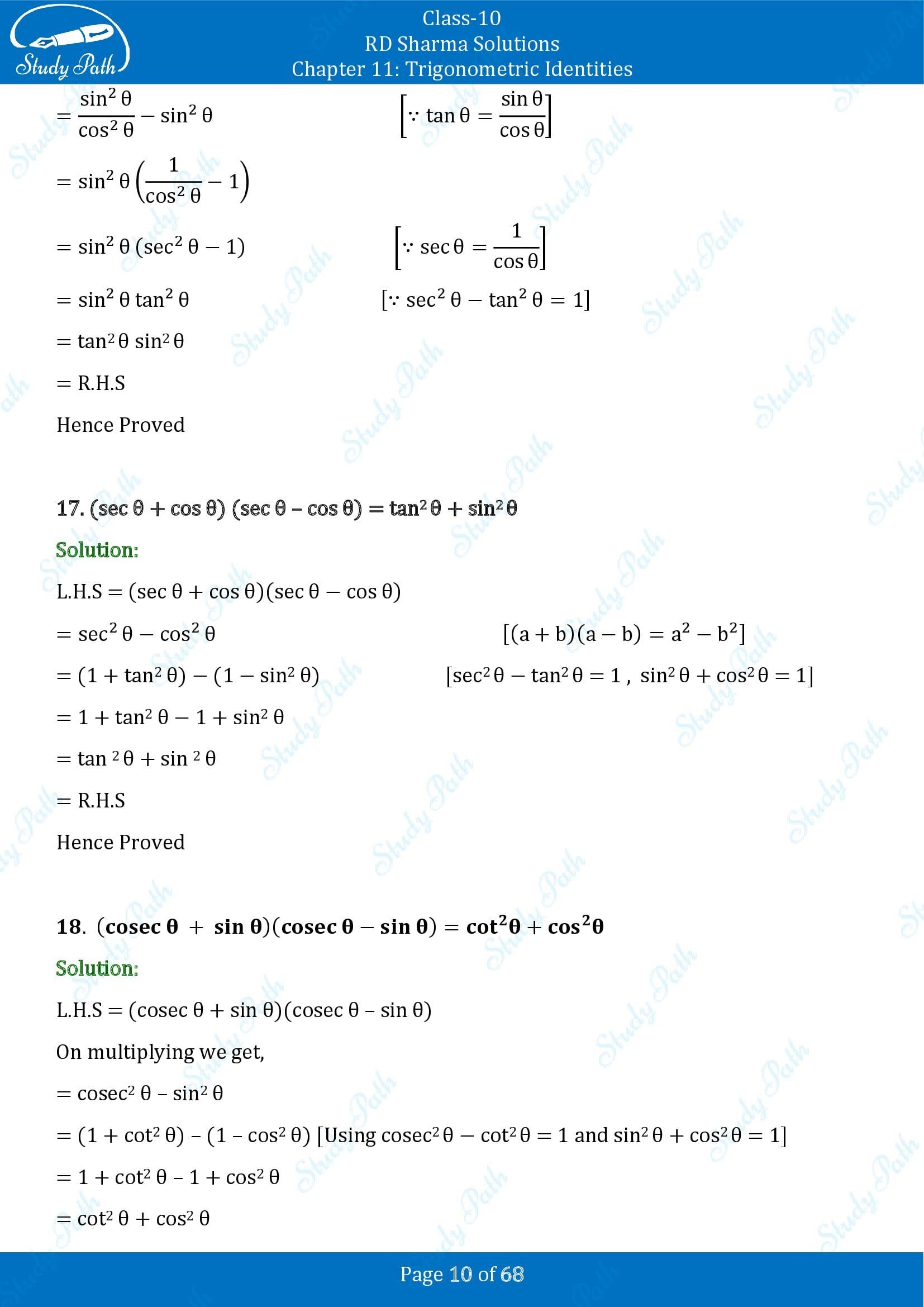 RD Sharma Solutions Class 10 Chapter 11 Trigonometric Identities Exercise 11.1 00010