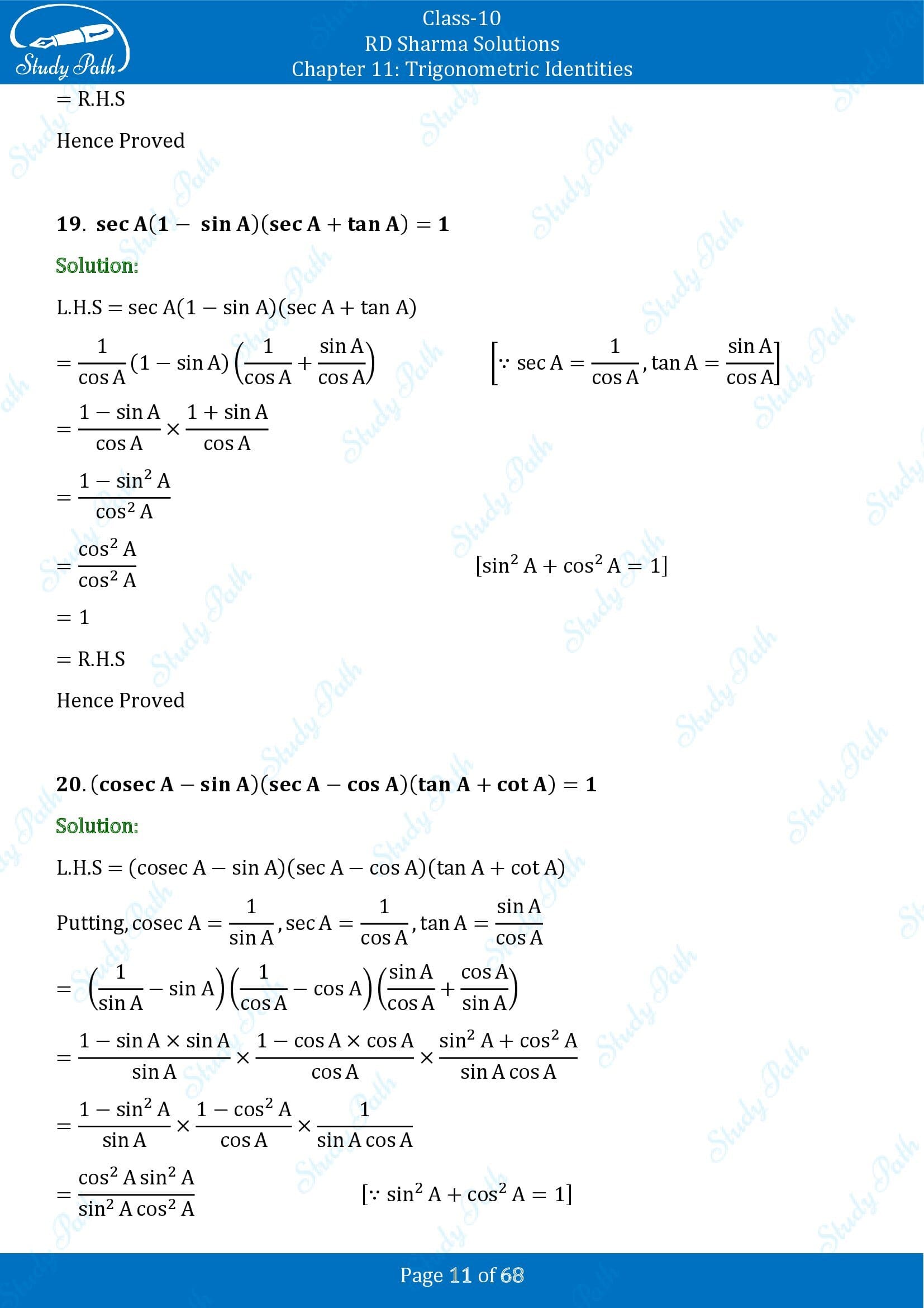 RD Sharma Solutions Class 10 Chapter 11 Trigonometric Identities Exercise 11.1 00011