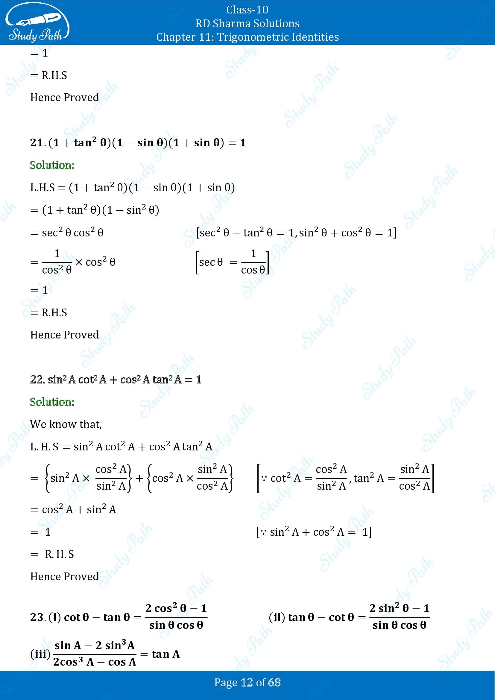 RD Sharma Solutions Class 10 Chapter 11 Trigonometric Identities Exercise 11.1 00012