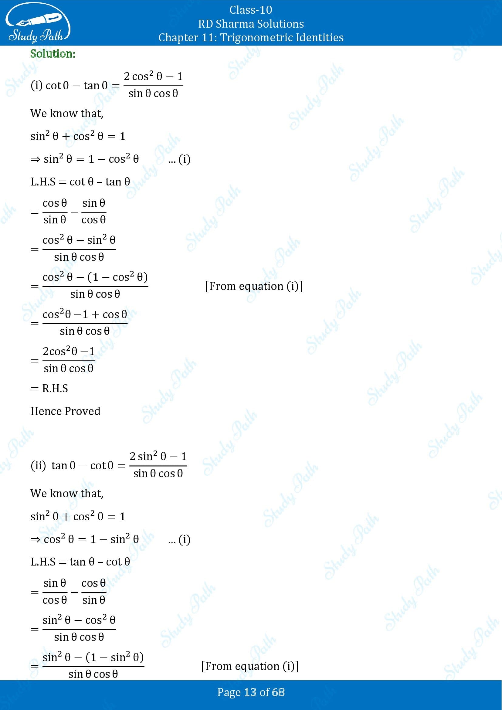 RD Sharma Solutions Class 10 Chapter 11 Trigonometric Identities Exercise 11.1 00013
