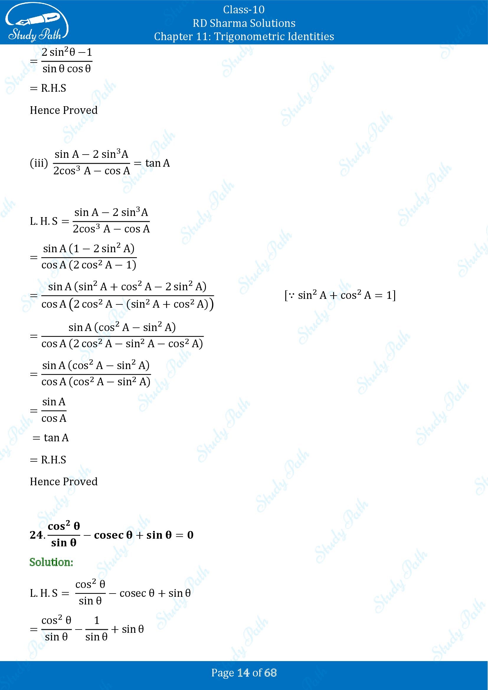 RD Sharma Solutions Class 10 Chapter 11 Trigonometric Identities Exercise 11.1 00014