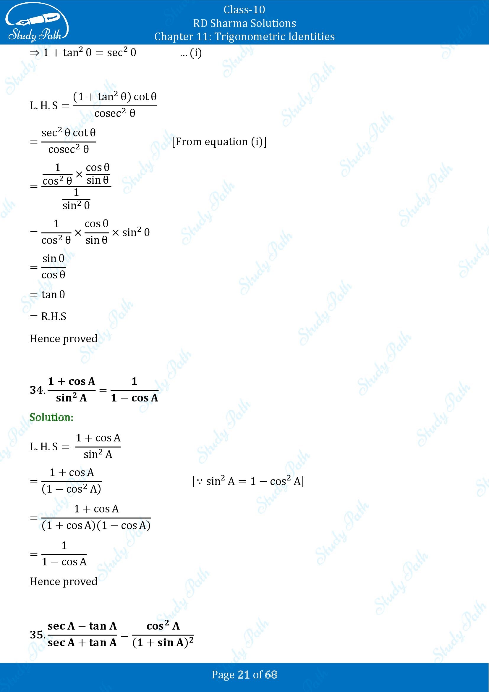 RD Sharma Solutions Class 10 Chapter 11 Trigonometric Identities Exercise 11.1 00021