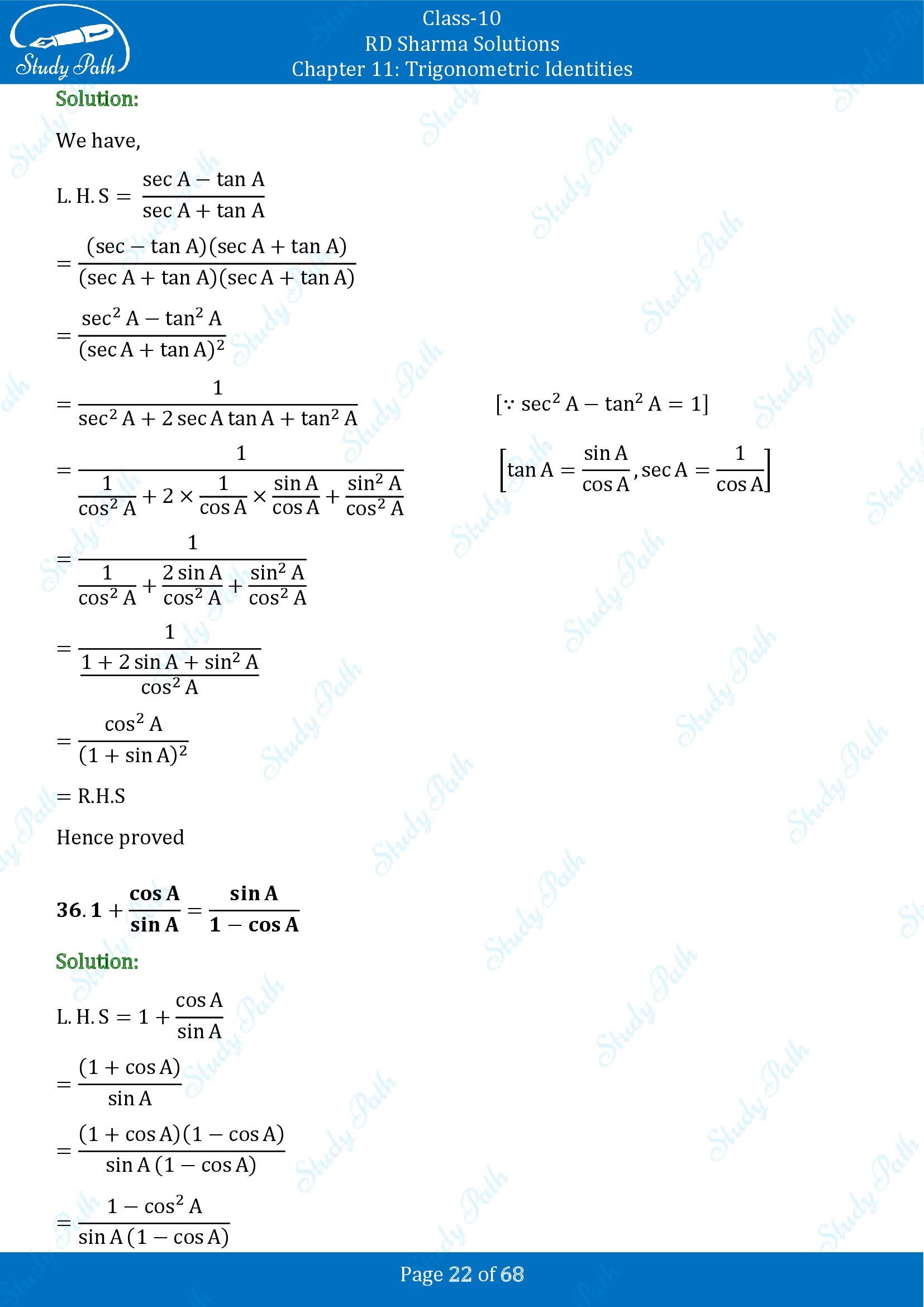 RD Sharma Solutions Class 10 Chapter 11 Trigonometric Identities Exercise 11.1 00022
