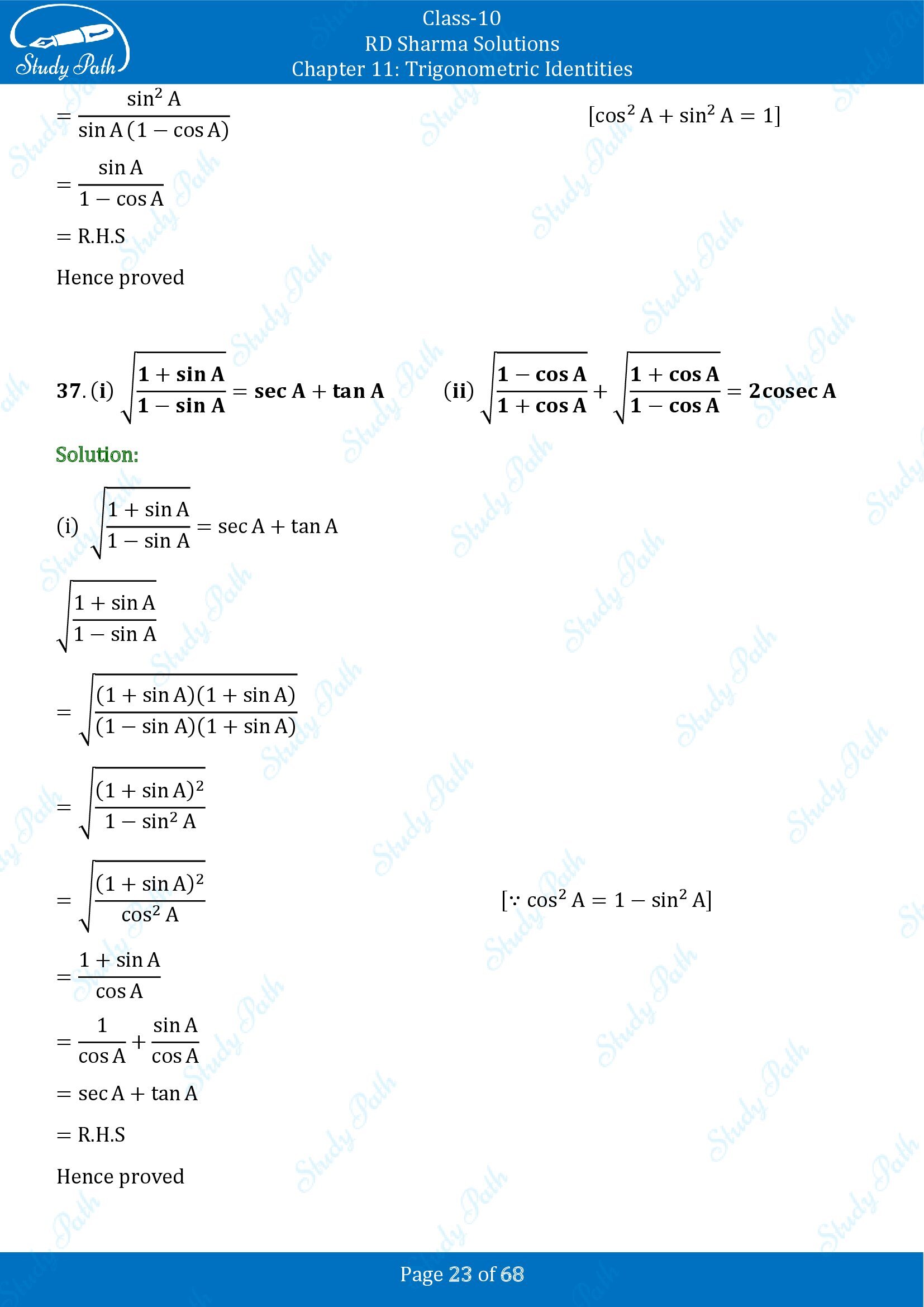 RD Sharma Solutions Class 10 Chapter 11 Trigonometric Identities Exercise 11.1 00023