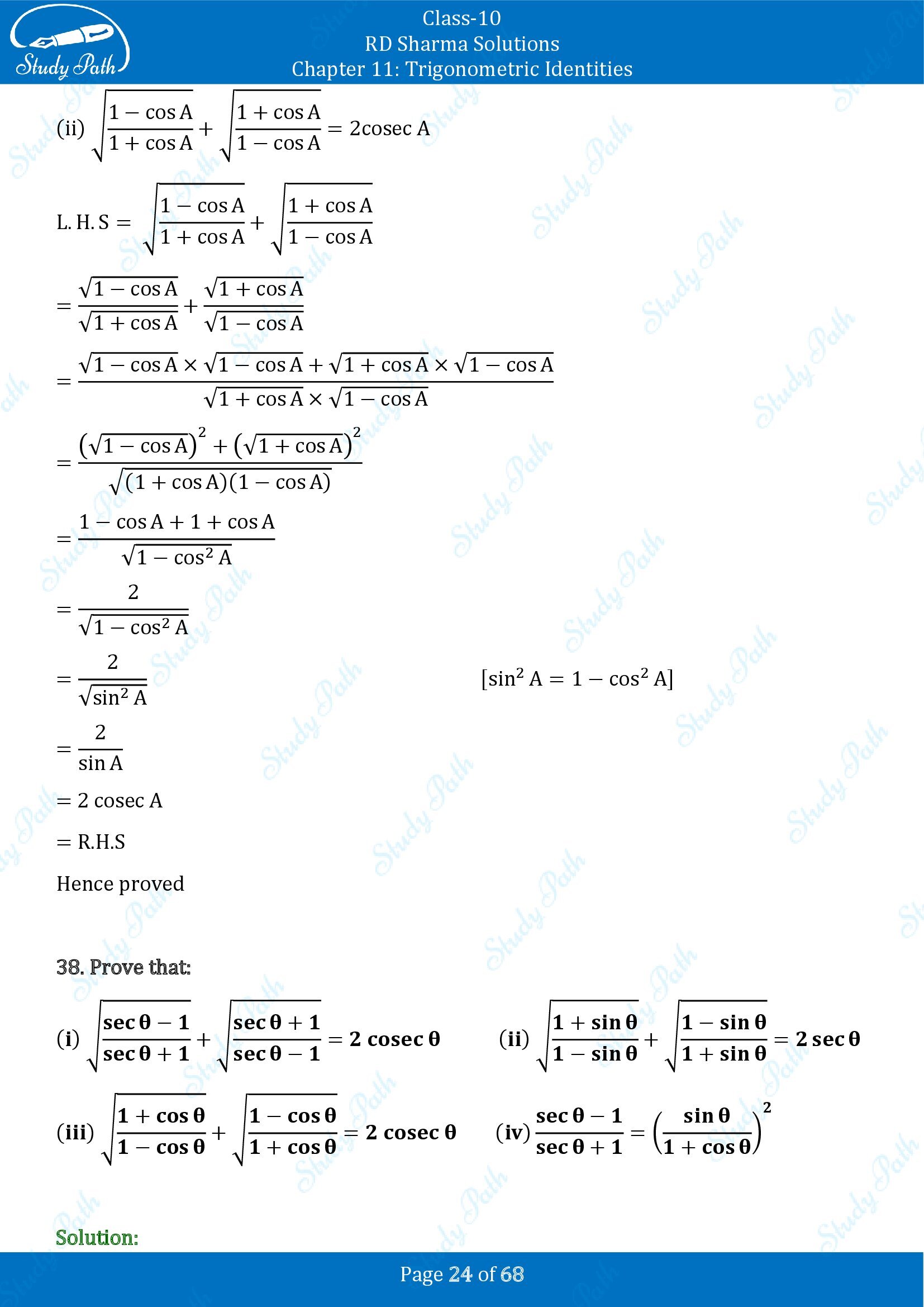 RD Sharma Solutions Class 10 Chapter 11 Trigonometric Identities Exercise 11.1 00024