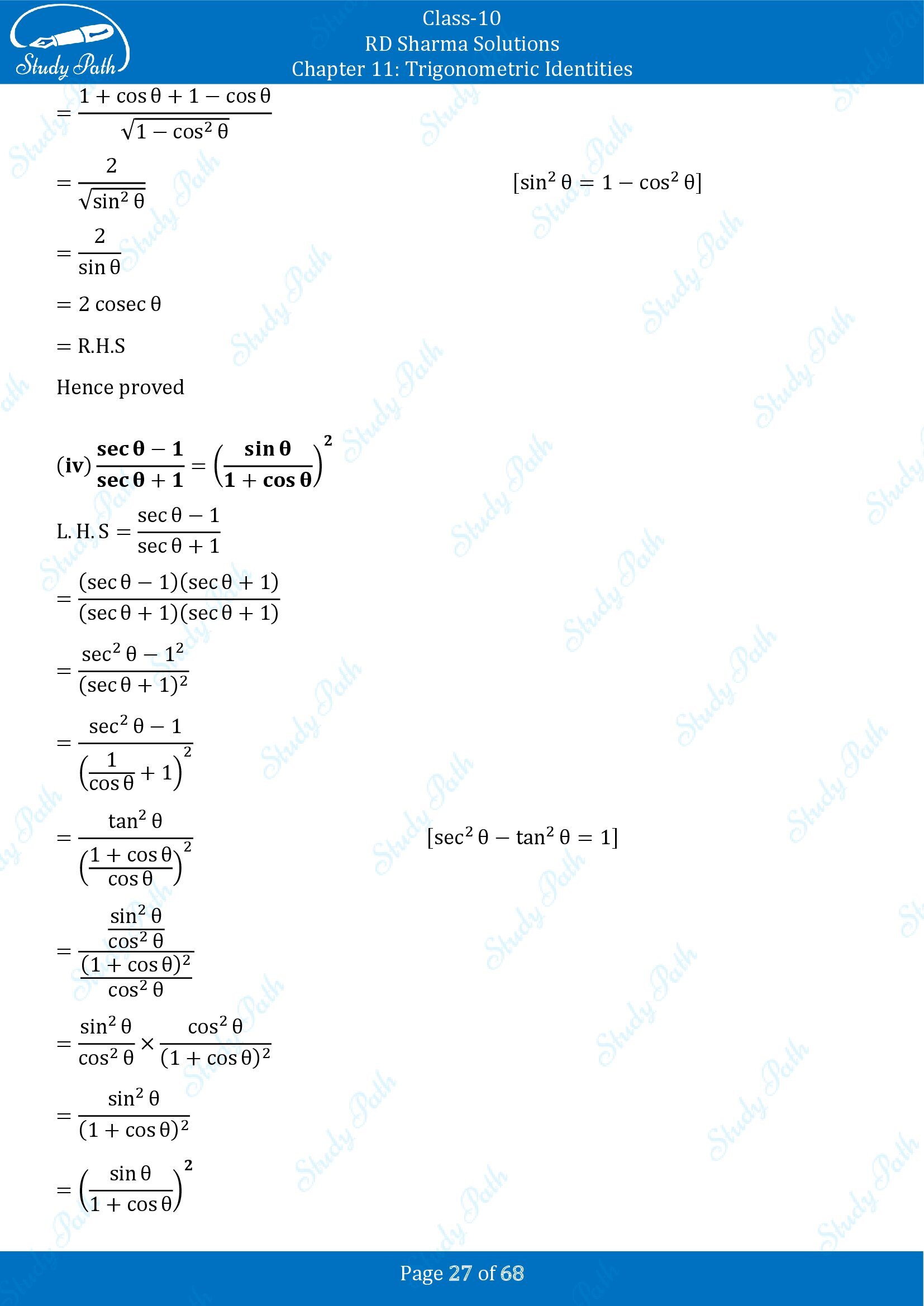 RD Sharma Solutions Class 10 Chapter 11 Trigonometric Identities Exercise 11.1 00027