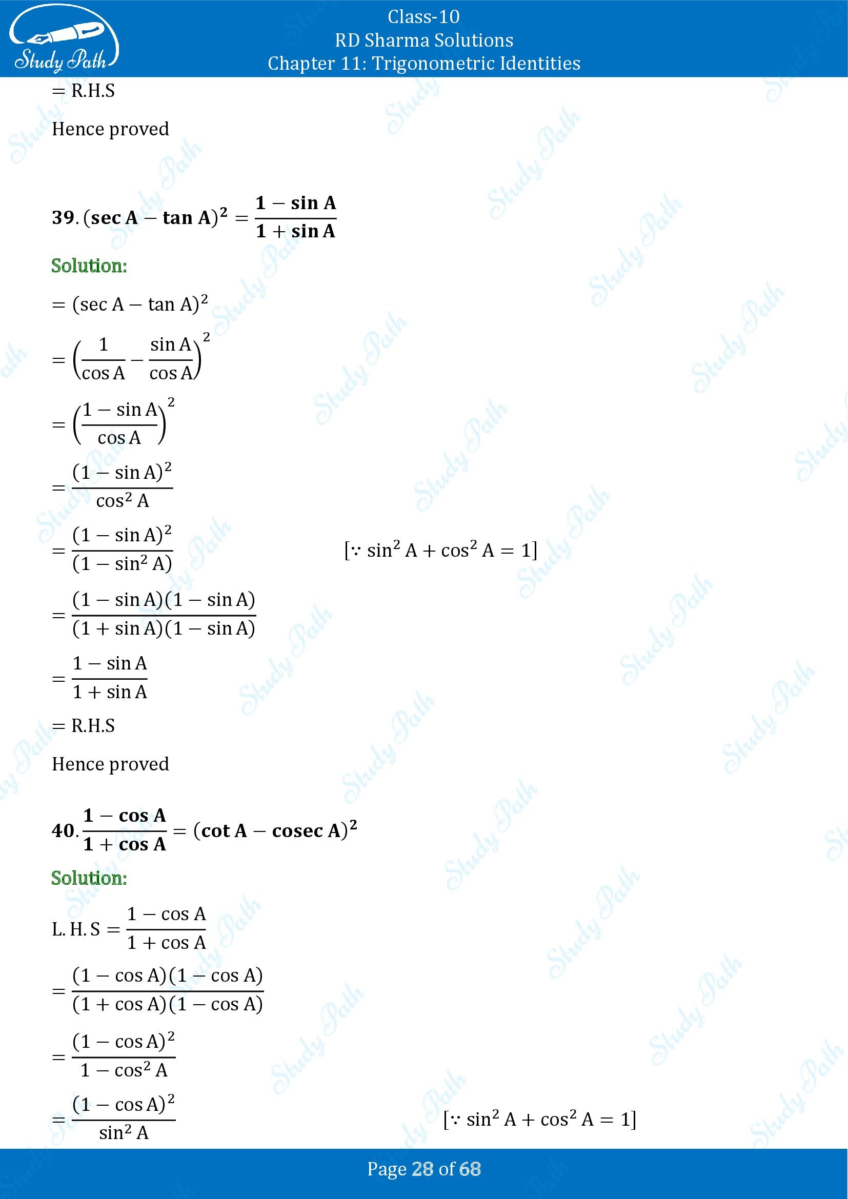 RD Sharma Solutions Class 10 Chapter 11 Trigonometric Identities Exercise 11.1 00028