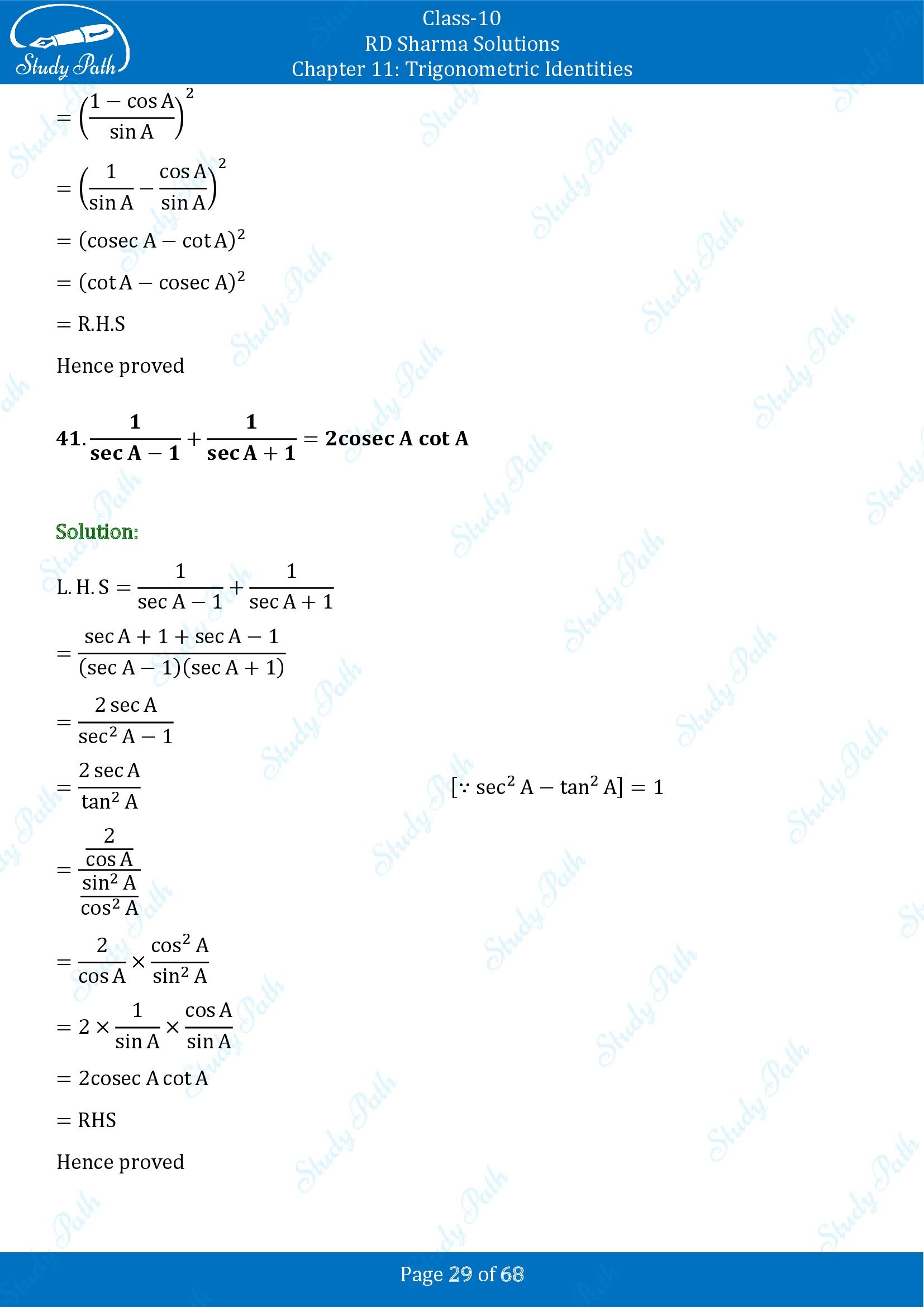RD Sharma Solutions Class 10 Chapter 11 Trigonometric Identities Exercise 11.1 00029
