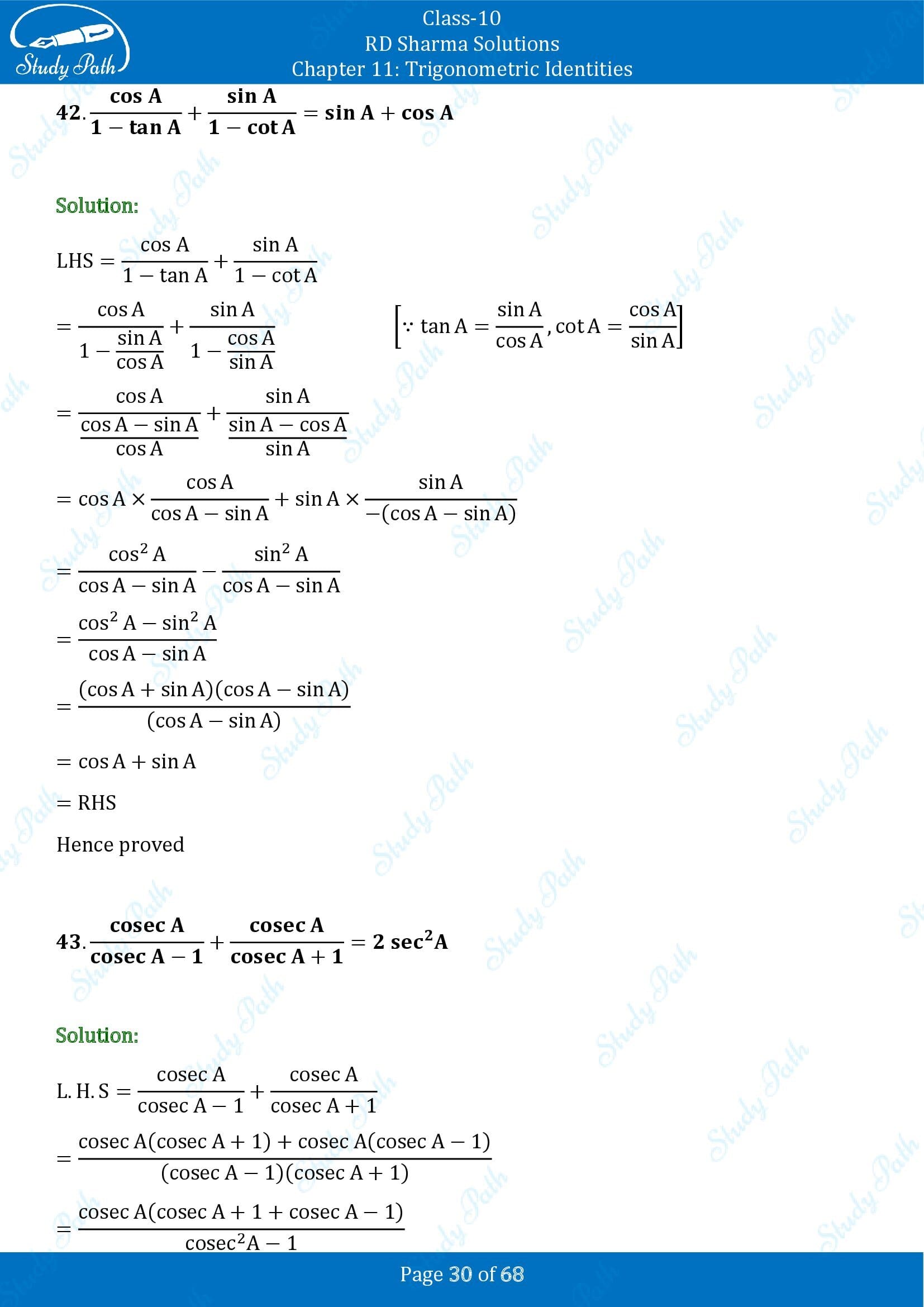 RD Sharma Solutions Class 10 Chapter 11 Trigonometric Identities Exercise 11.1 00030