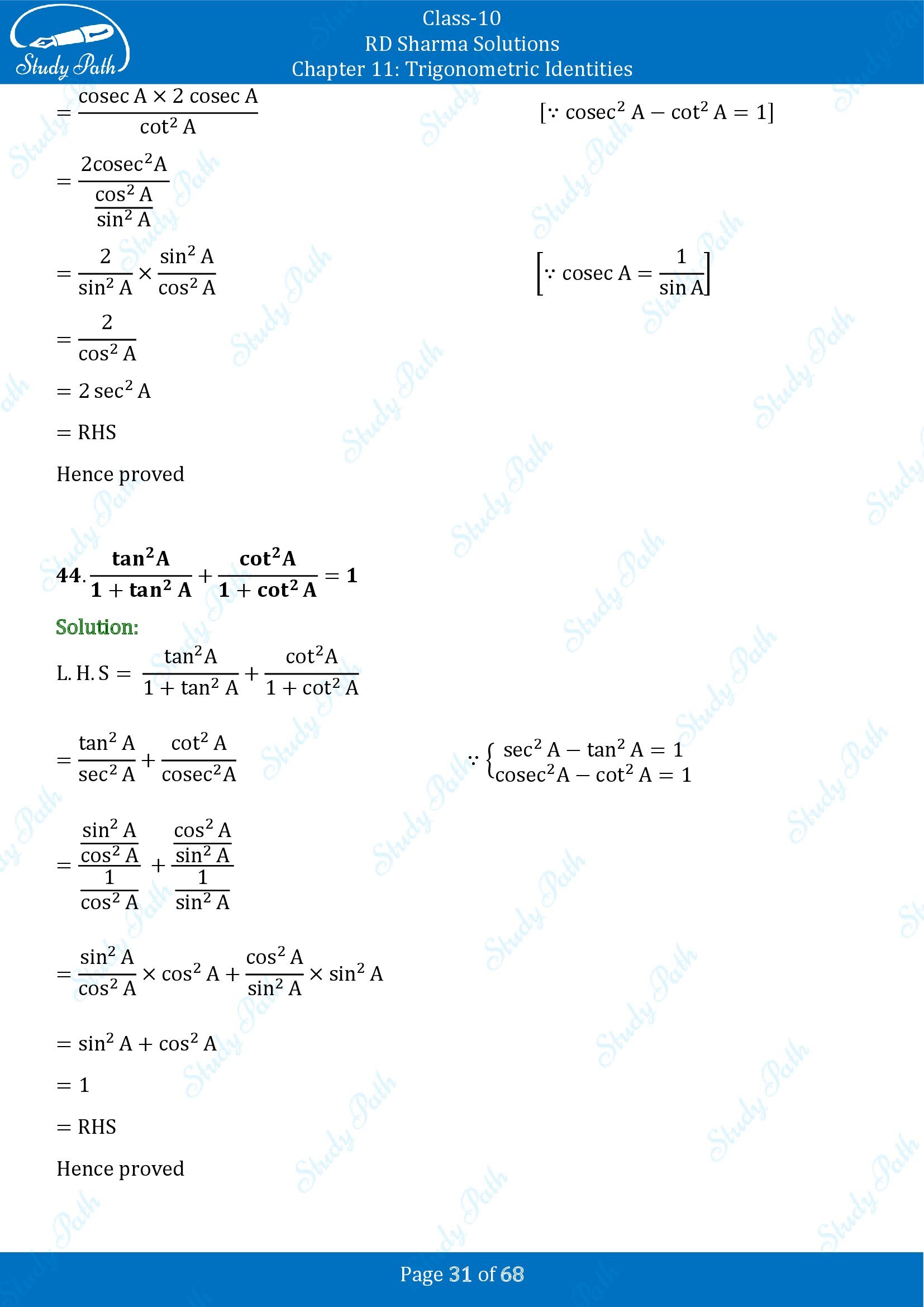 RD Sharma Solutions Class 10 Chapter 11 Trigonometric Identities Exercise 11.1 00031