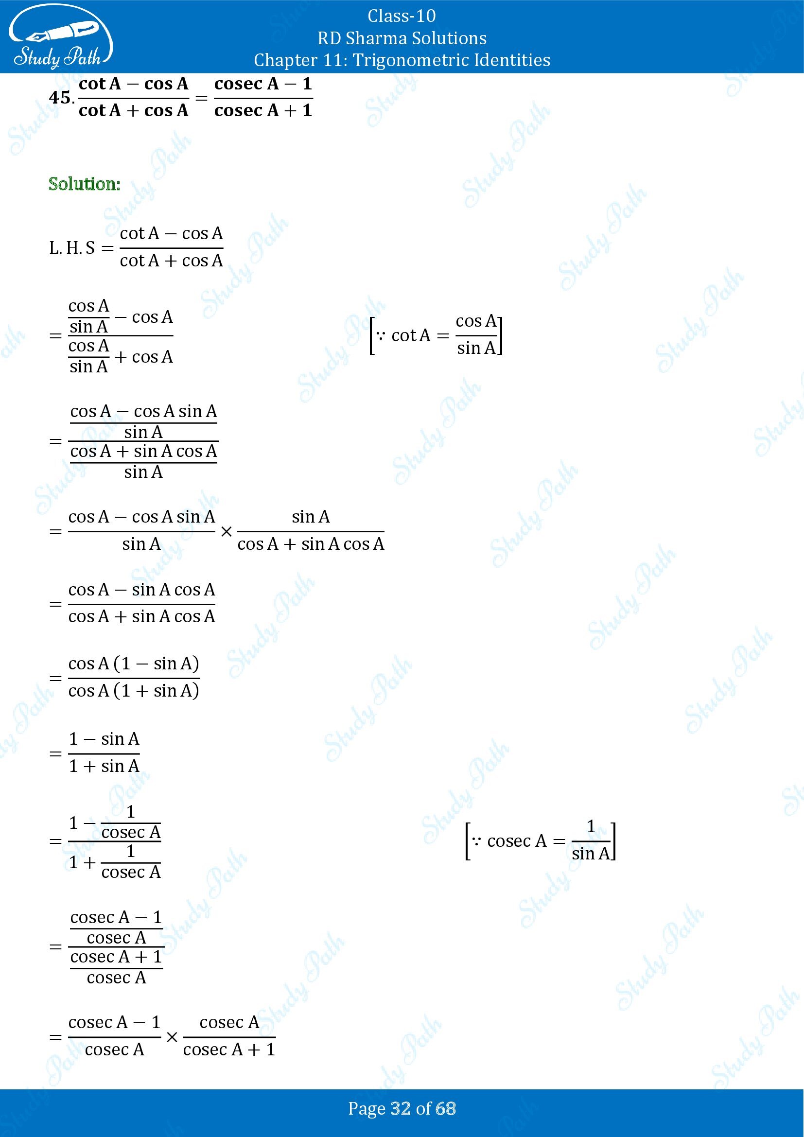 RD Sharma Solutions Class 10 Chapter 11 Trigonometric Identities Exercise 11.1 00032