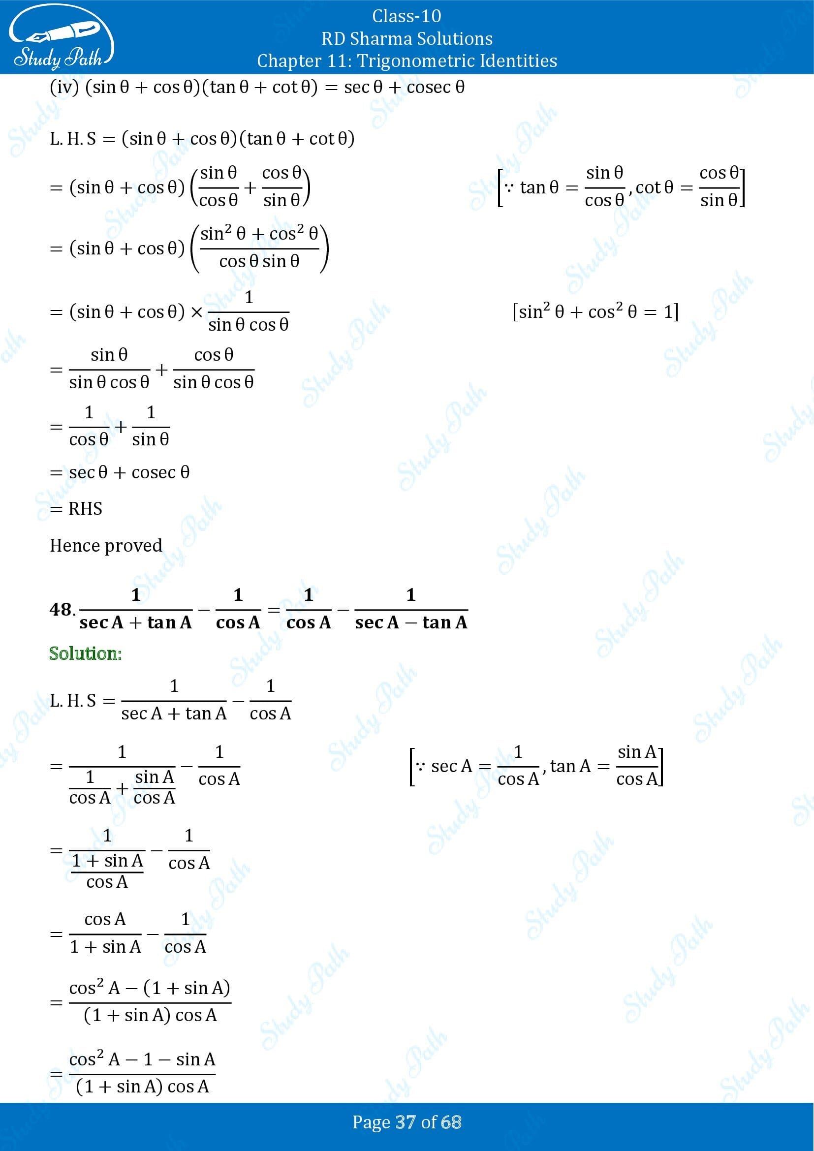 RD Sharma Solutions Class 10 Chapter 11 Trigonometric Identities Exercise 11.1 00037