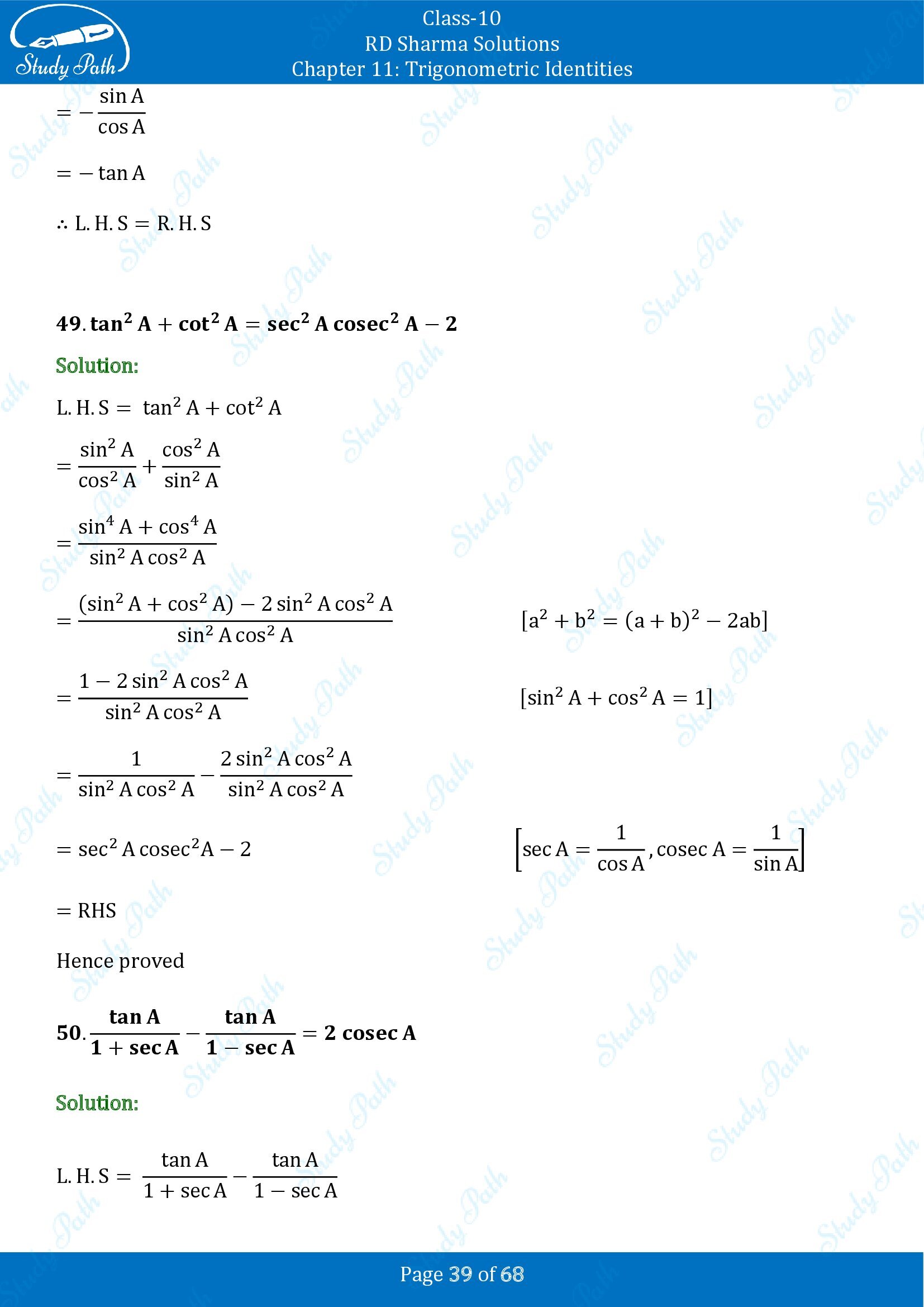 RD Sharma Solutions Class 10 Chapter 11 Trigonometric Identities Exercise 11.1 00039