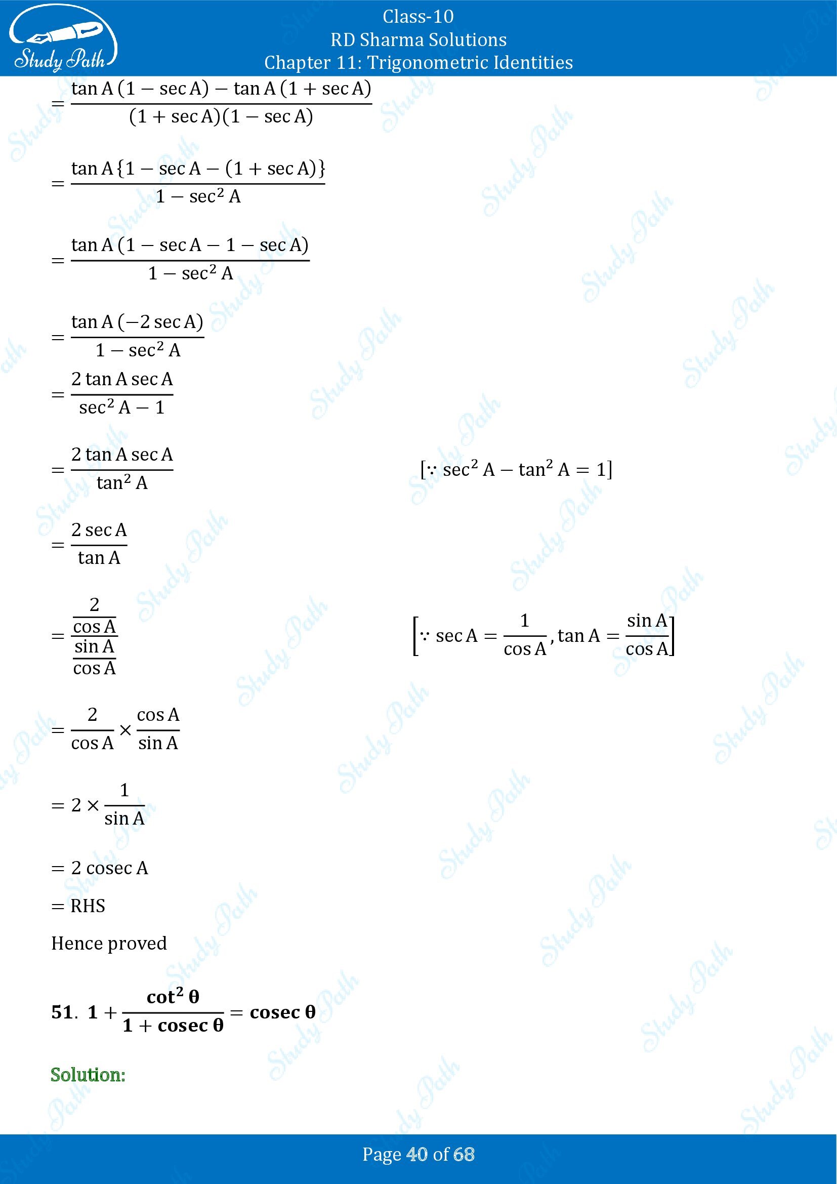 RD Sharma Solutions Class 10 Chapter 11 Trigonometric Identities Exercise 11.1 00040