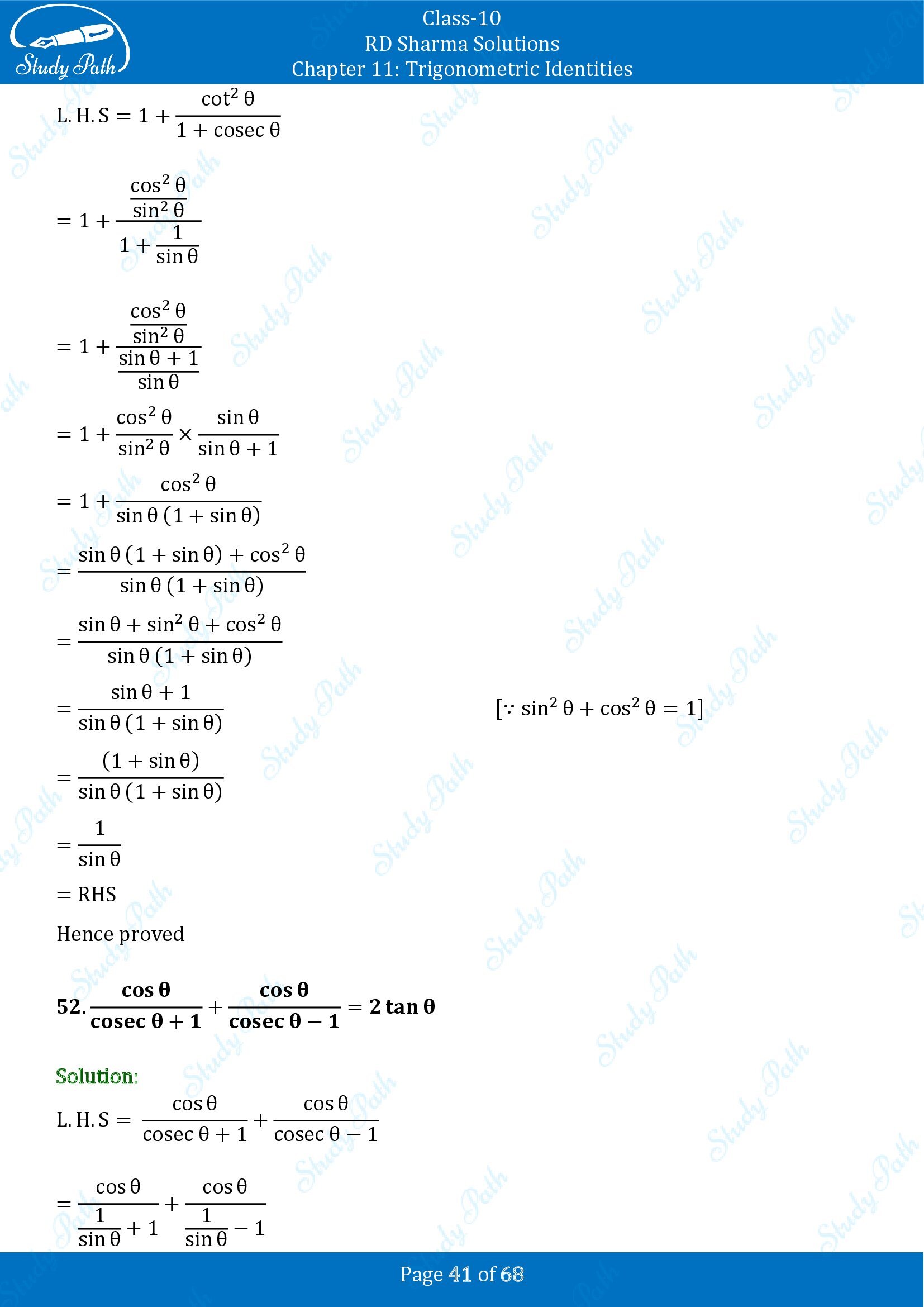 RD Sharma Solutions Class 10 Chapter 11 Trigonometric Identities Exercise 11.1 00041