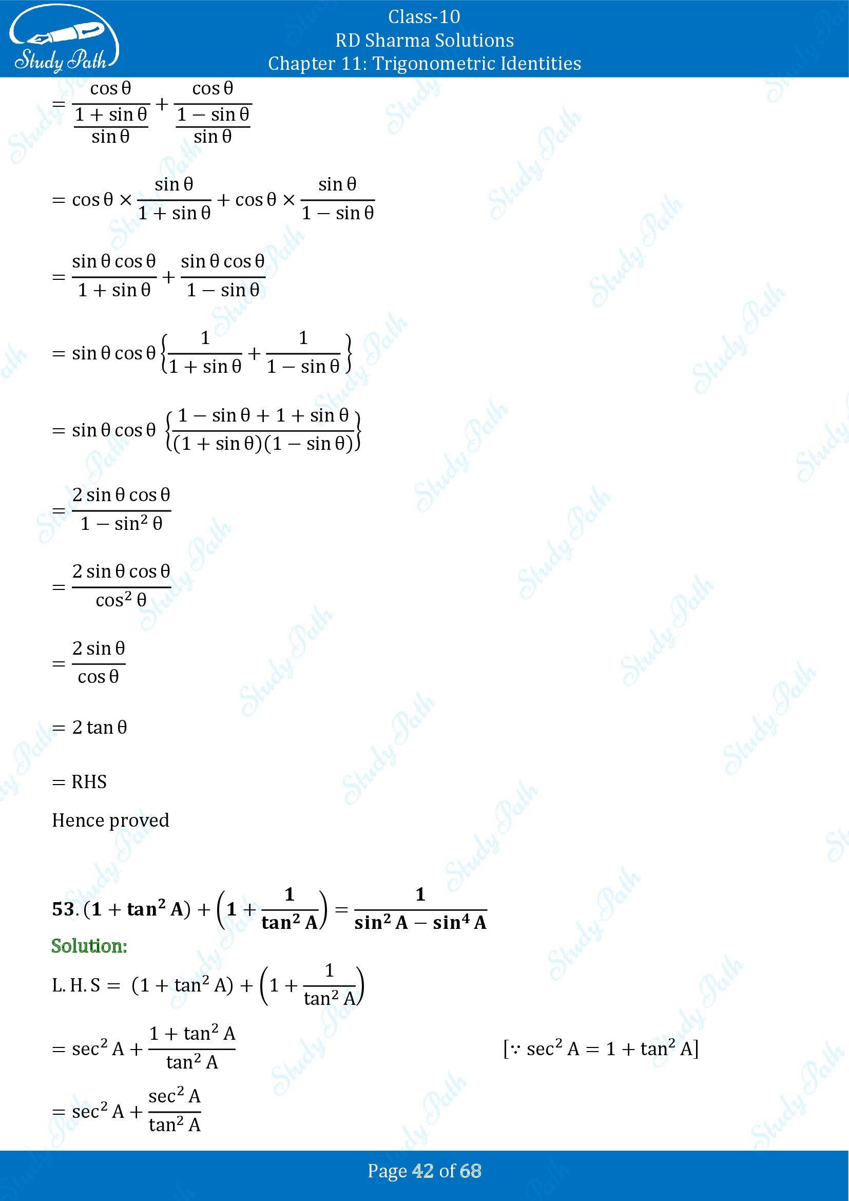 RD Sharma Solutions Class 10 Chapter 11 Trigonometric Identities Exercise 11.1 00042