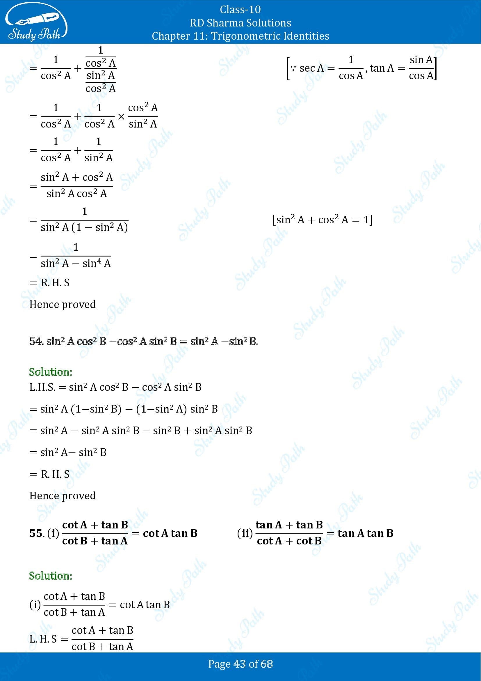 RD Sharma Solutions Class 10 Chapter 11 Trigonometric Identities Exercise 11.1 00043